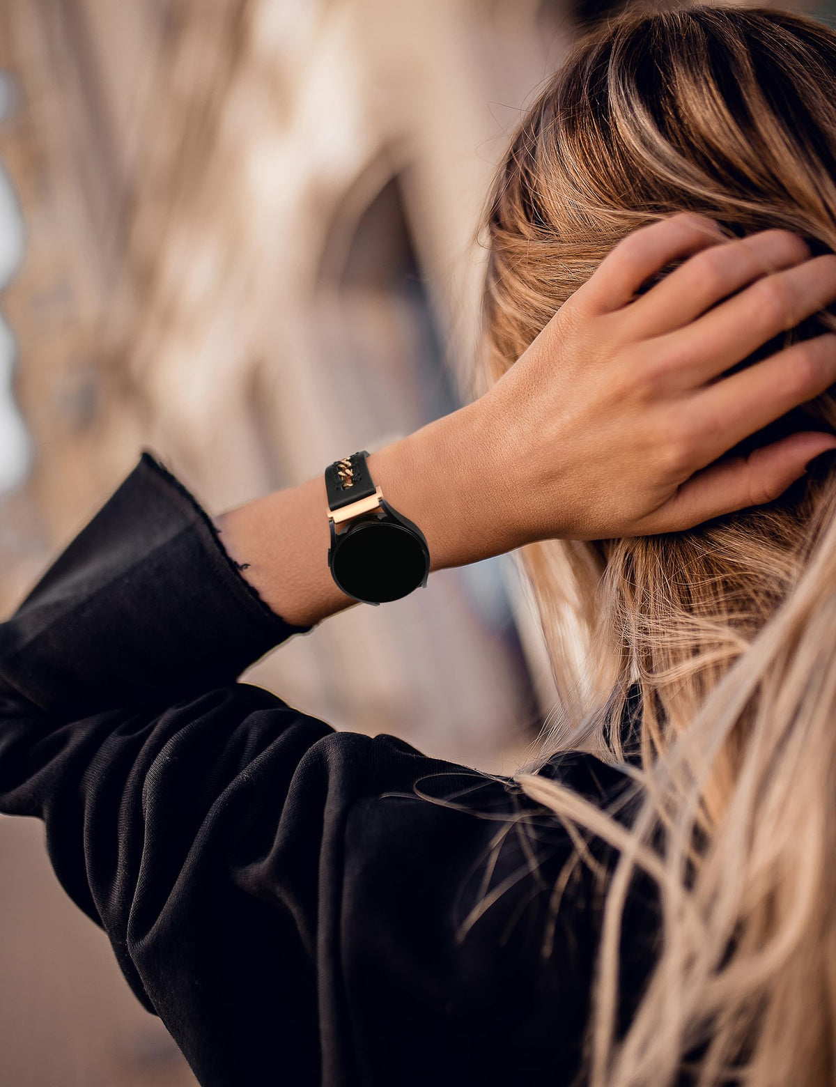 Minyee Leather Band Compatible with Samsung Galaxy Watch 7/6/5/4/FE/Active 2 40mm 44mm/Watch 6 Classic 43mm 47mm/Watch 5 Pro 45mm Bands, 20mm Dressy Leather Strap with Metal Chain, Black/Rose Gold