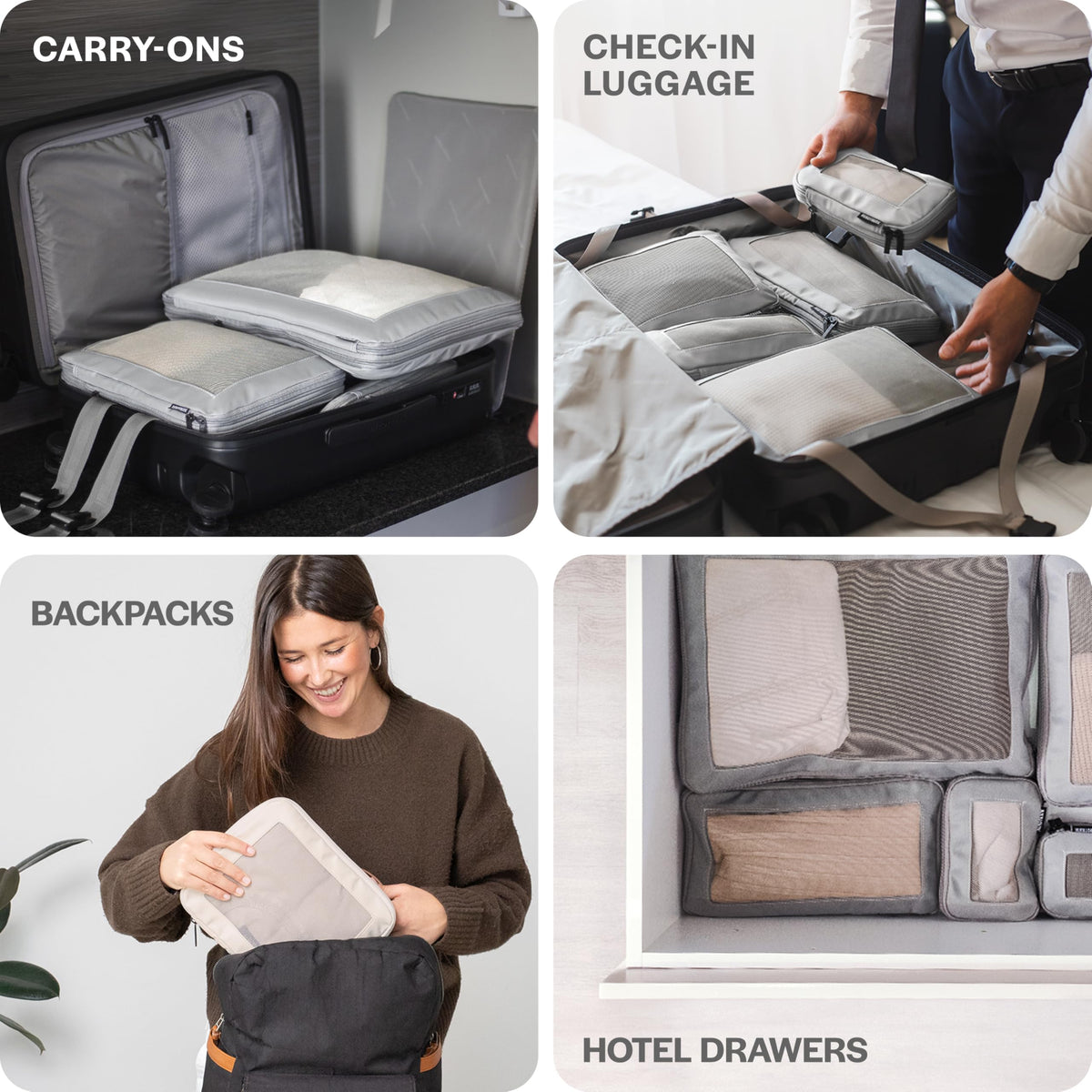 Aerotrunk Compression Packing Cubes for Travel - Luggage Organizer Bags - Double Zipper Packing Cubes for Suitcases (4-Pack, Light Grey)