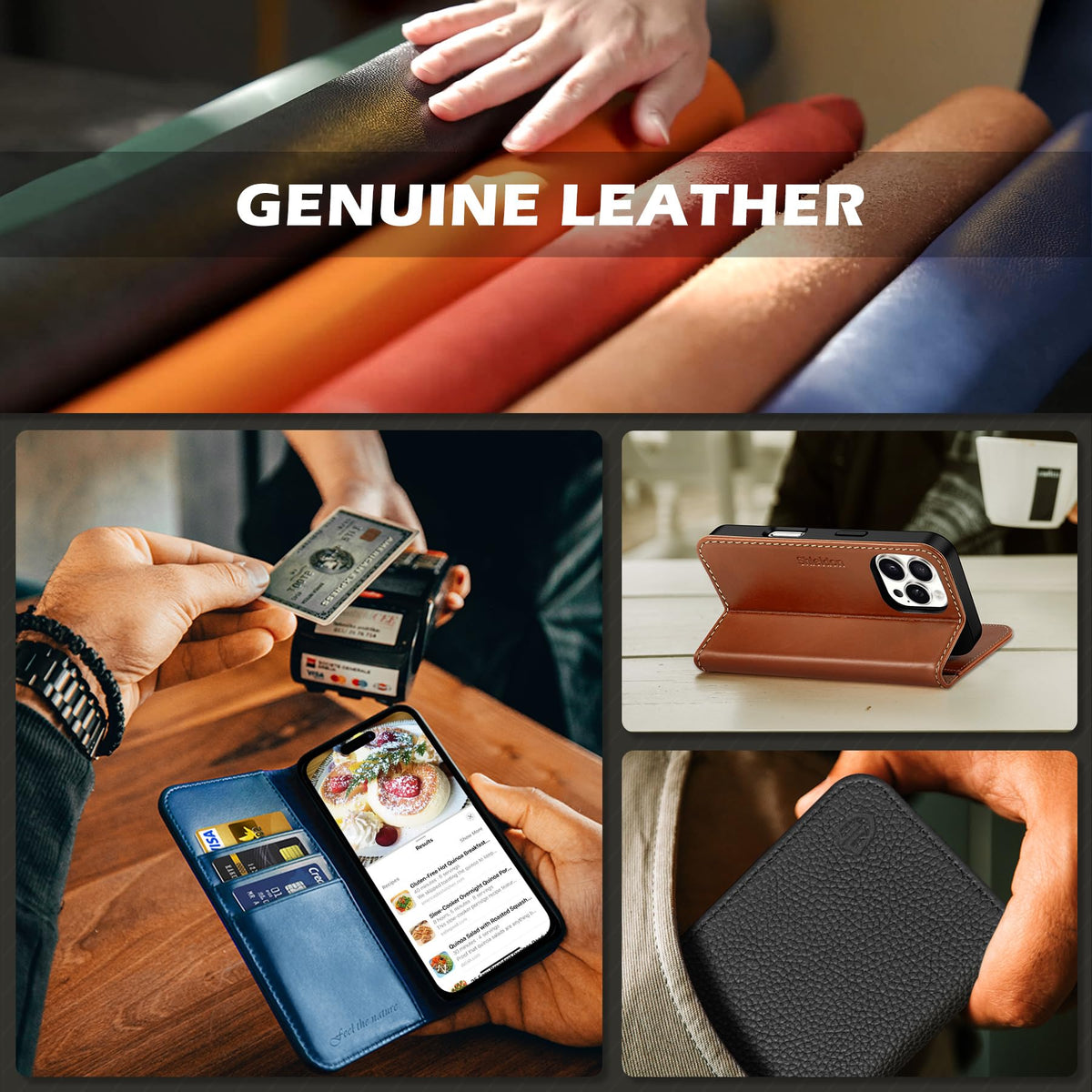 SHIELDON Wallet Case for iPhone 16 Pro 6.3" 2024, Genuine Leather Folio Magnetic Closure RFID Blocking Card Holder Kickstand Full Protection Phone Case Compatible with iPhone 16 Pro - Retro Brown