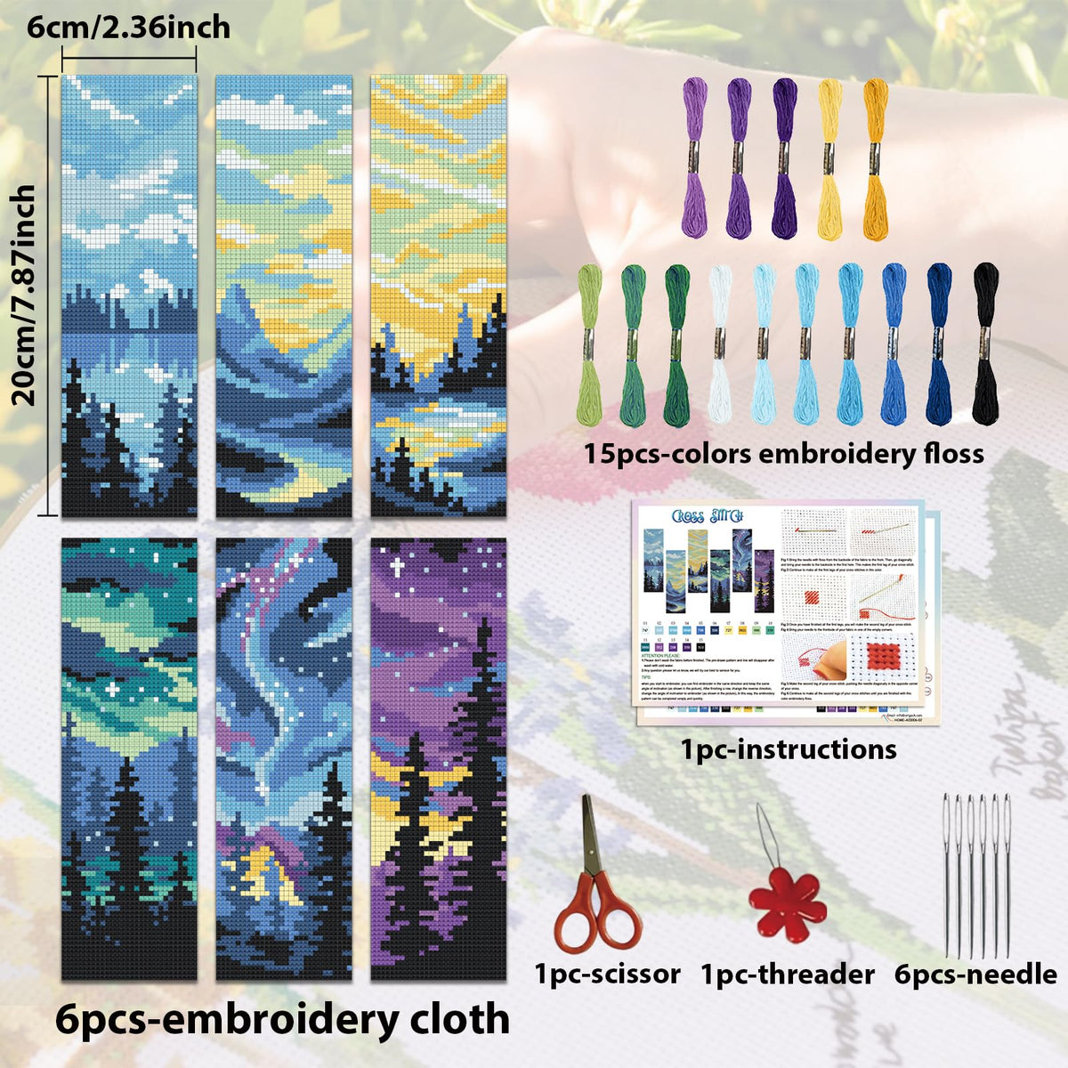 ACRNIGHEET 6PCS Cross Stitch Bookmark Kit for Adult Beginners Landscape Cross Stitch Kits DIY Crossstitch Kits Adult Stamped Bookmark Embroidery Bookmarks Kit with Instructions 8''x2.4'' 11CT