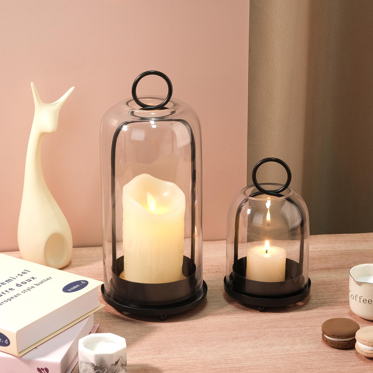 5" & 4" Wide Versatile Metal Candle Holder in Black with Handmade Thick, Heavy & Sturdy Glass Dome for Pillar Candle, Industrial, Modern, Shelf, Mantel, Veranda, Porch (Black, Large & Small)