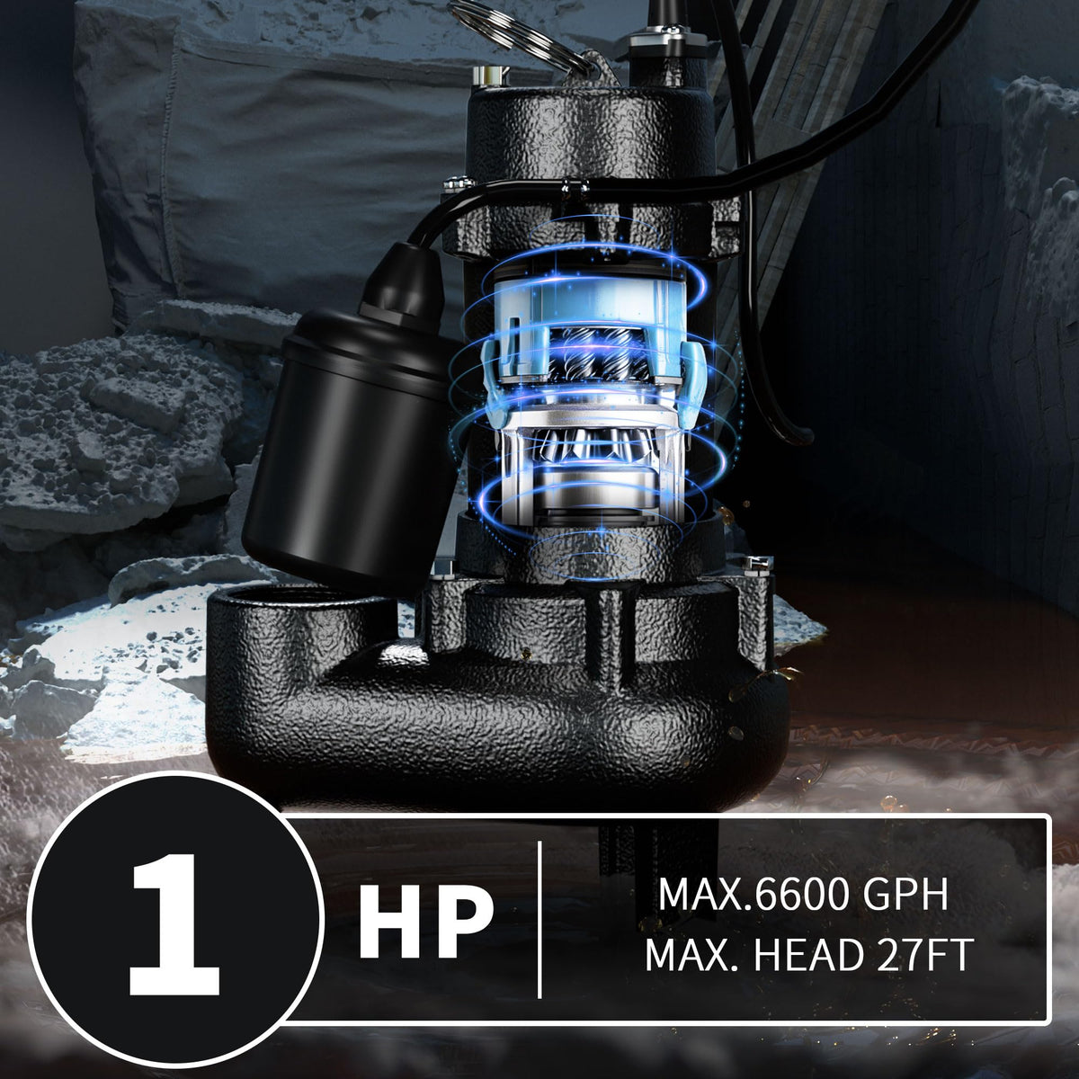 LANCHEZ 1HP 6600 GPH Submersible Sewage Pump, Heavy Duty Cast Iron Effluent Pump with Automatic Tethered Float Switch, Sump Pump for Sump Basin, Basement, Residential, 2" NPT Discharge