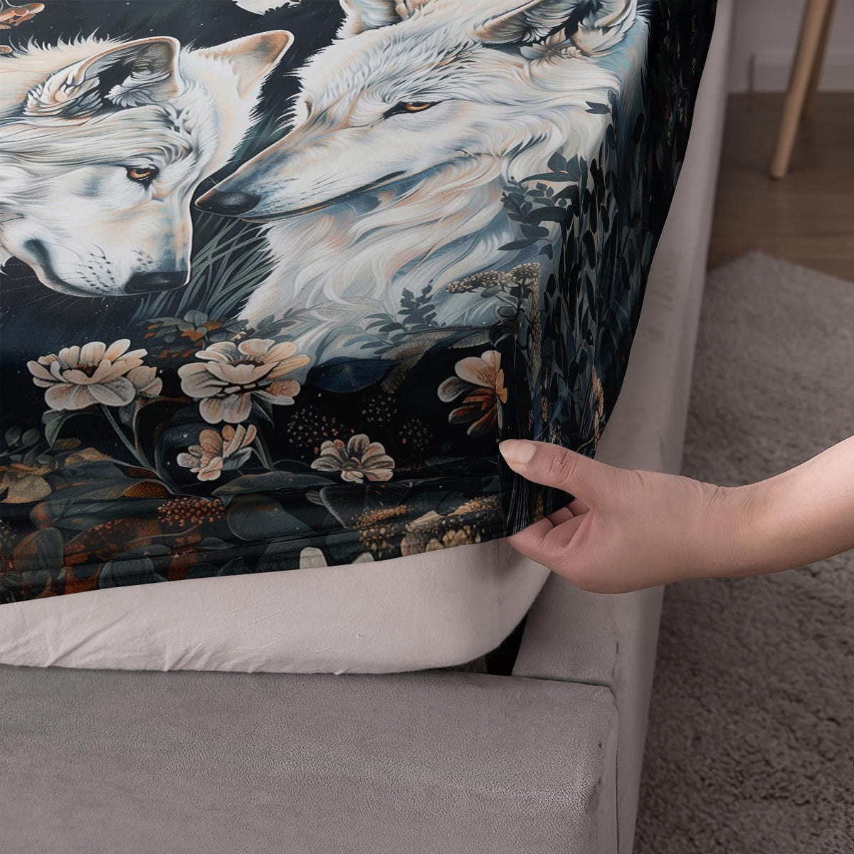 White Wolf Bedding Set Queen Size，Boho Animals Wolf 3D Pattern Bed Sheet Set 16" Deep Pocket, Wolf bedding set for Boys Kids and Adults，Wolf Theme Bed Sheet Set 4 PCS(Fitted + Flat + 2 Pillowcases)