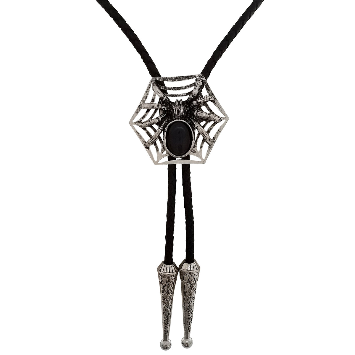 SELOVO Spider Bolo Tie Genuine Leather Antiqued Silver Tone Black Stone Halloween