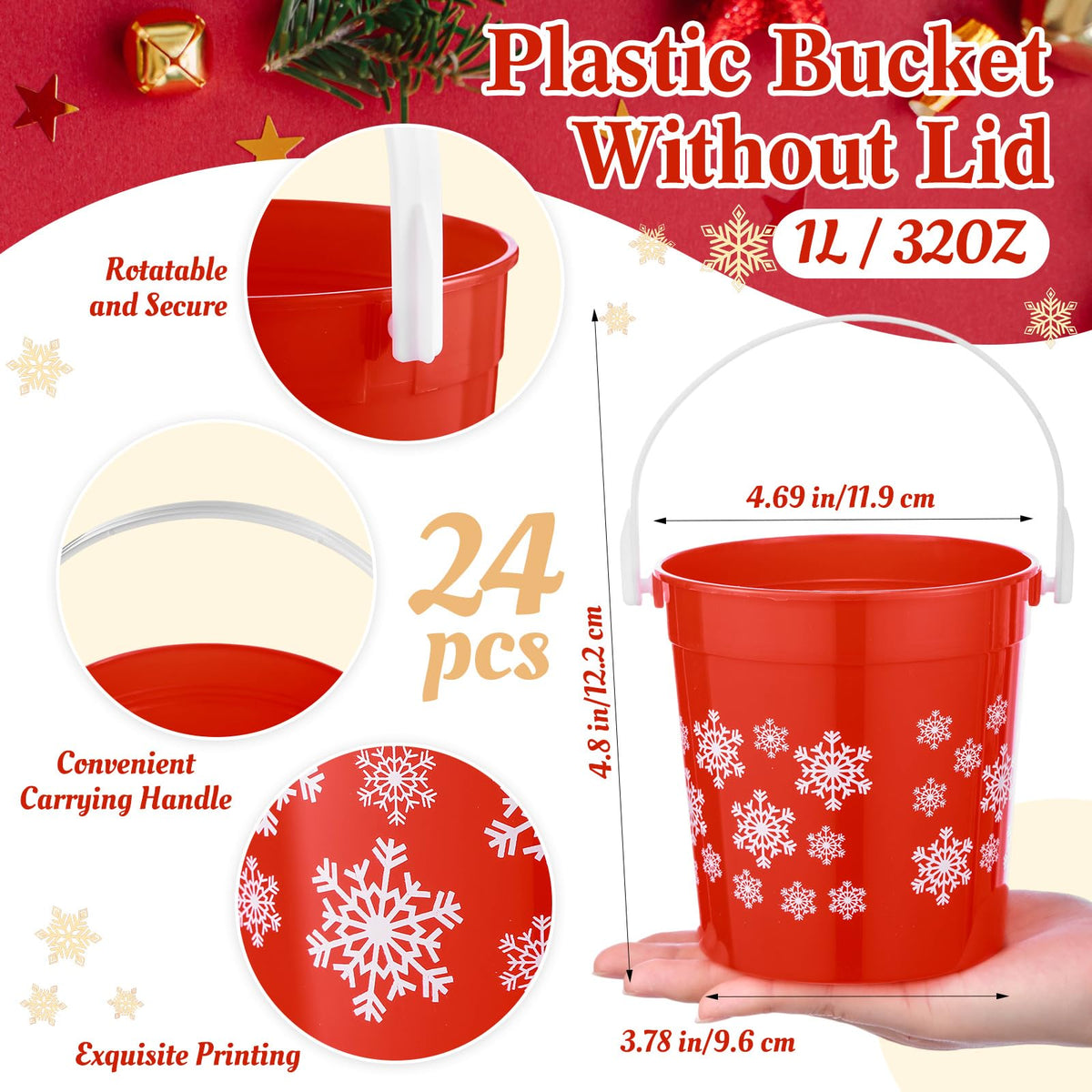 Sunnychicc 24 Pcs Christmas Plastic Buckets with Handle 4.69 x 3.78 x 4.8 Inch Christmas Snowflake Buckets Small Red Candy Pails Gifts Decorative Item Baskets for Winter Holiday Party Decorations