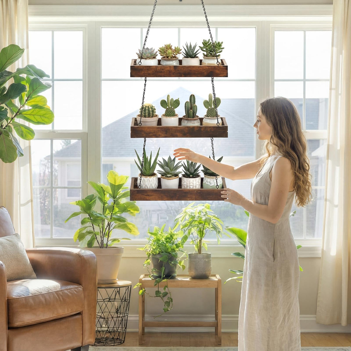 Otoolling 3 Tier 16" Hanging Window Plant Shelf Wood Frame Metal Chain Large Hanging Herb Planter Holder Indoor Display Floating Wall Flower Pot Organizer Storage for Herbs Microgreens Succulents