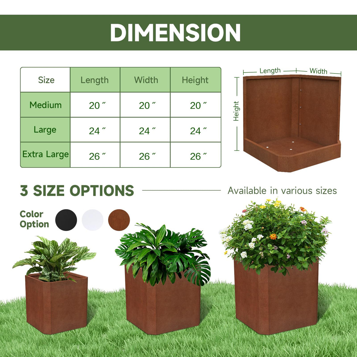 GJWCVL Corten Steel Planter Box-26"x26"x26"-Large Square Planter Matel -Outdoor Indoor- Heavy Duty Rustic Tall Planter Box Commercial Residential for Porch Patio Deck Home Backyard