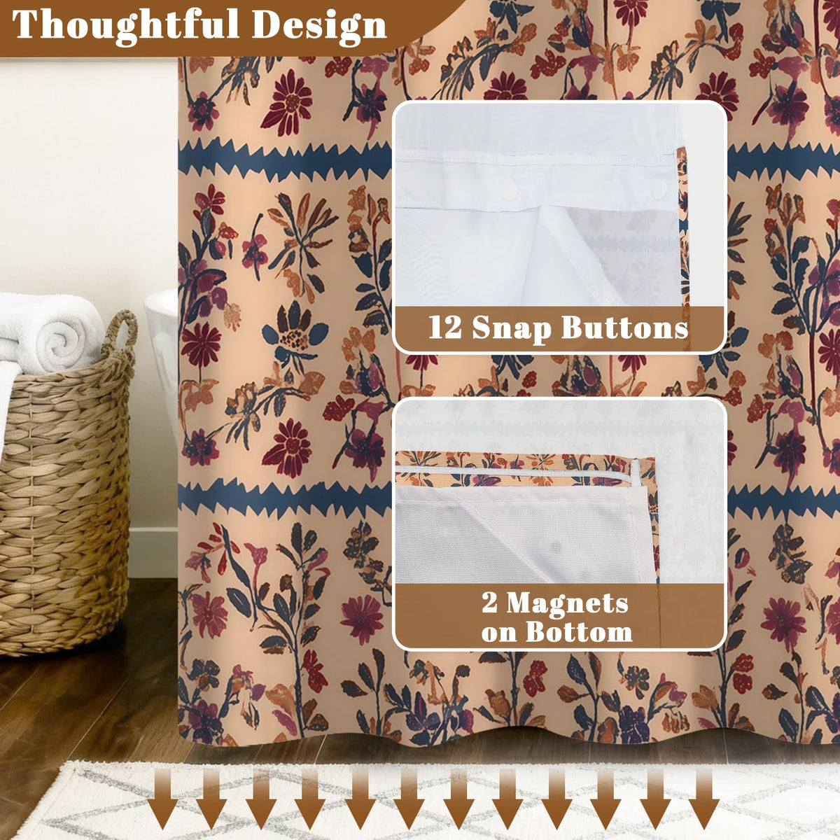 Xiazhilaio Vintage Boho Floral No Hook Shower Curtain with Snap in Liner