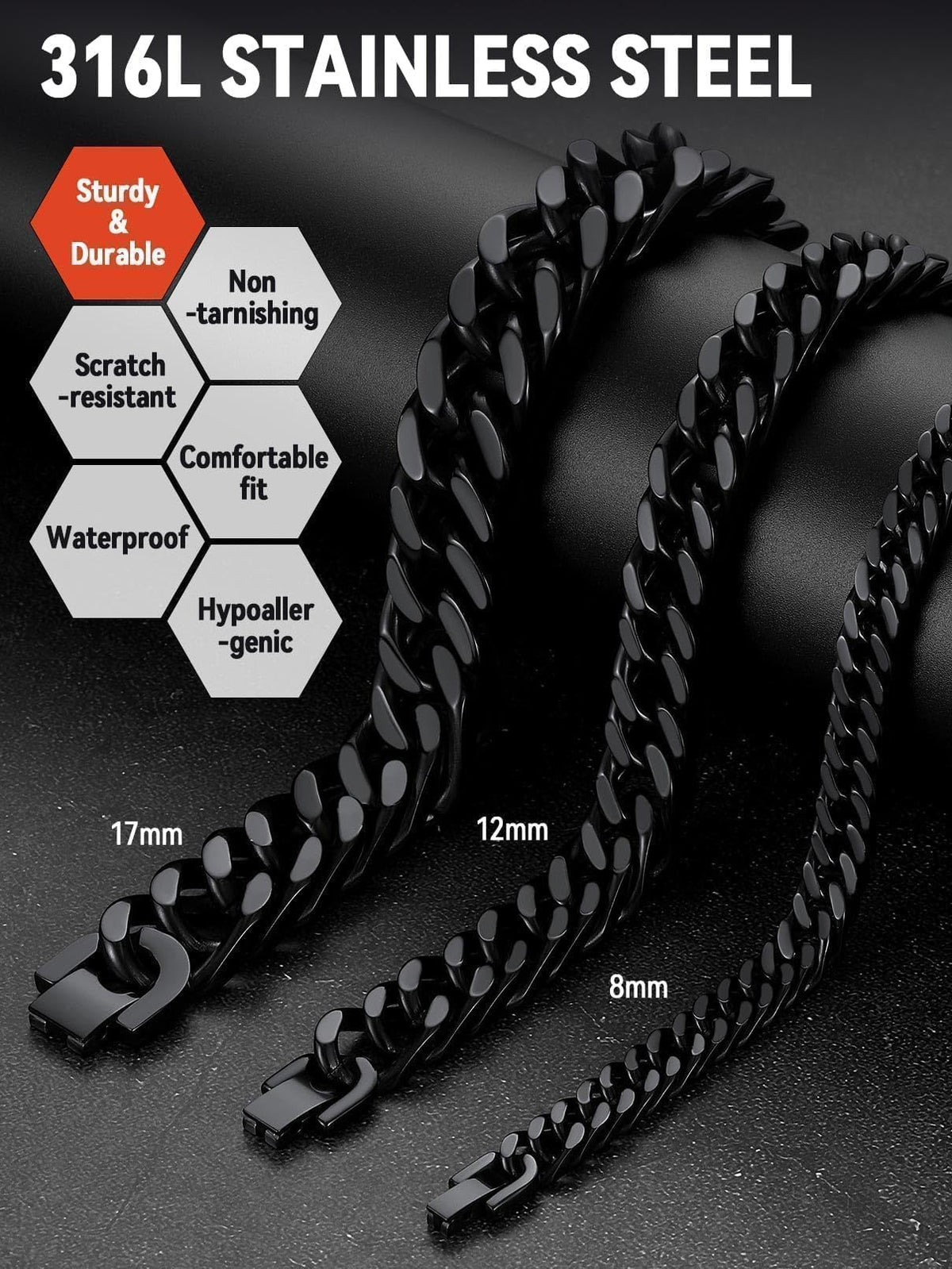 FaithHeart Cuban Link Black Bracelet for Men, 8/12/17mm Width Stainless Steel Wrist Bracelets Men's Hip Hop Jewelry 7.5/8.3/9.1 Inch Length for Valentine's Day/Father's Day/Birthday/Christmas
