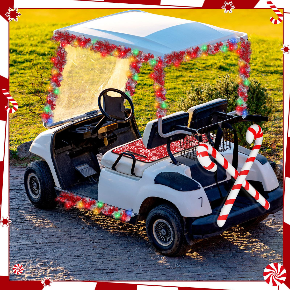 Suncalla 6 Pcs Christmas Golf Cart Decorations Kit Christmas Parade Golf Cart Decor Include Red White Seat Cover Tinsel Garland Candy Canes Balloons and String Lights for Holiday Decoration