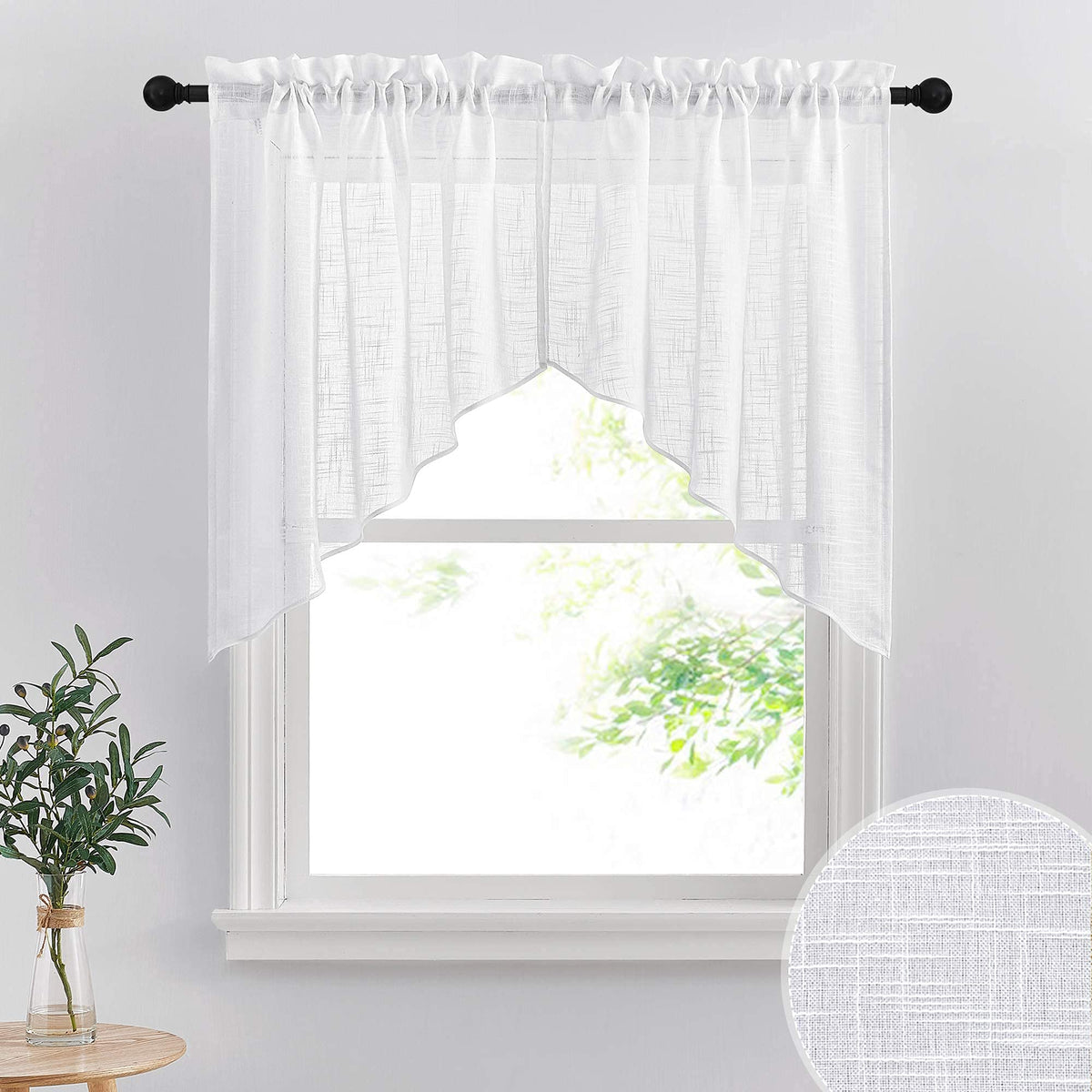 RYB HOME Short Kitchen Valances and Curtain Set, Privacy White Linen Swag Curtains, Semi Sheer Bathroom Tiers for Small Windows, 36 x 36 inch, 1 Pair