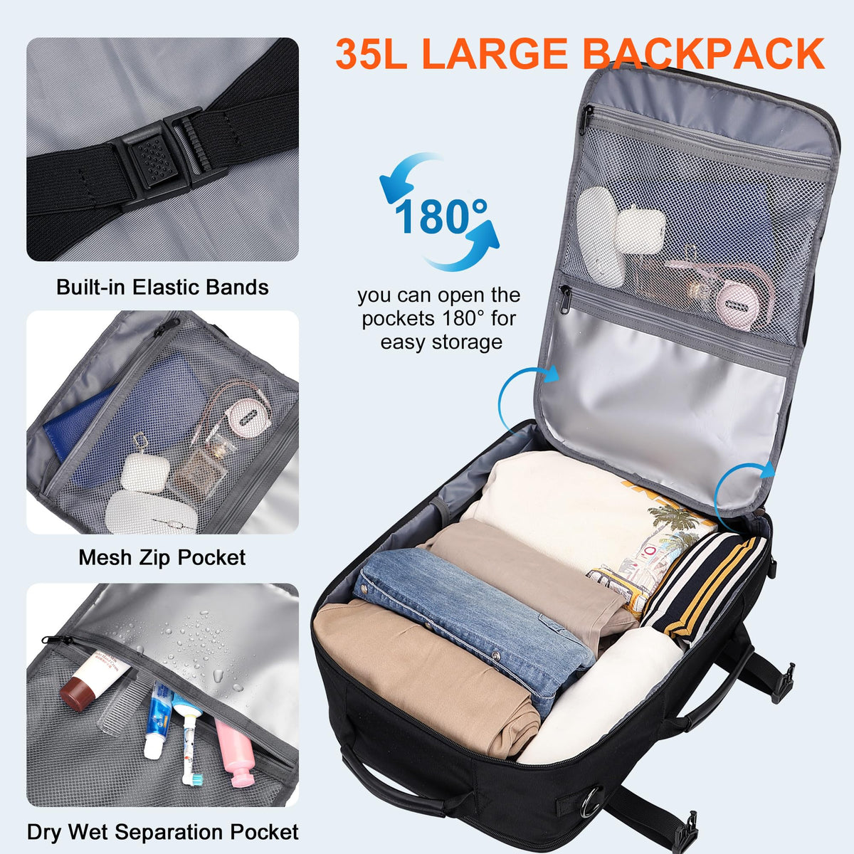 PIJUSHI Travel Backpack for Women Convertible Carry-On with Shoe Compartment Fits 16" Laptop TSA-Friendly for Work, Trips(PE038 Black)