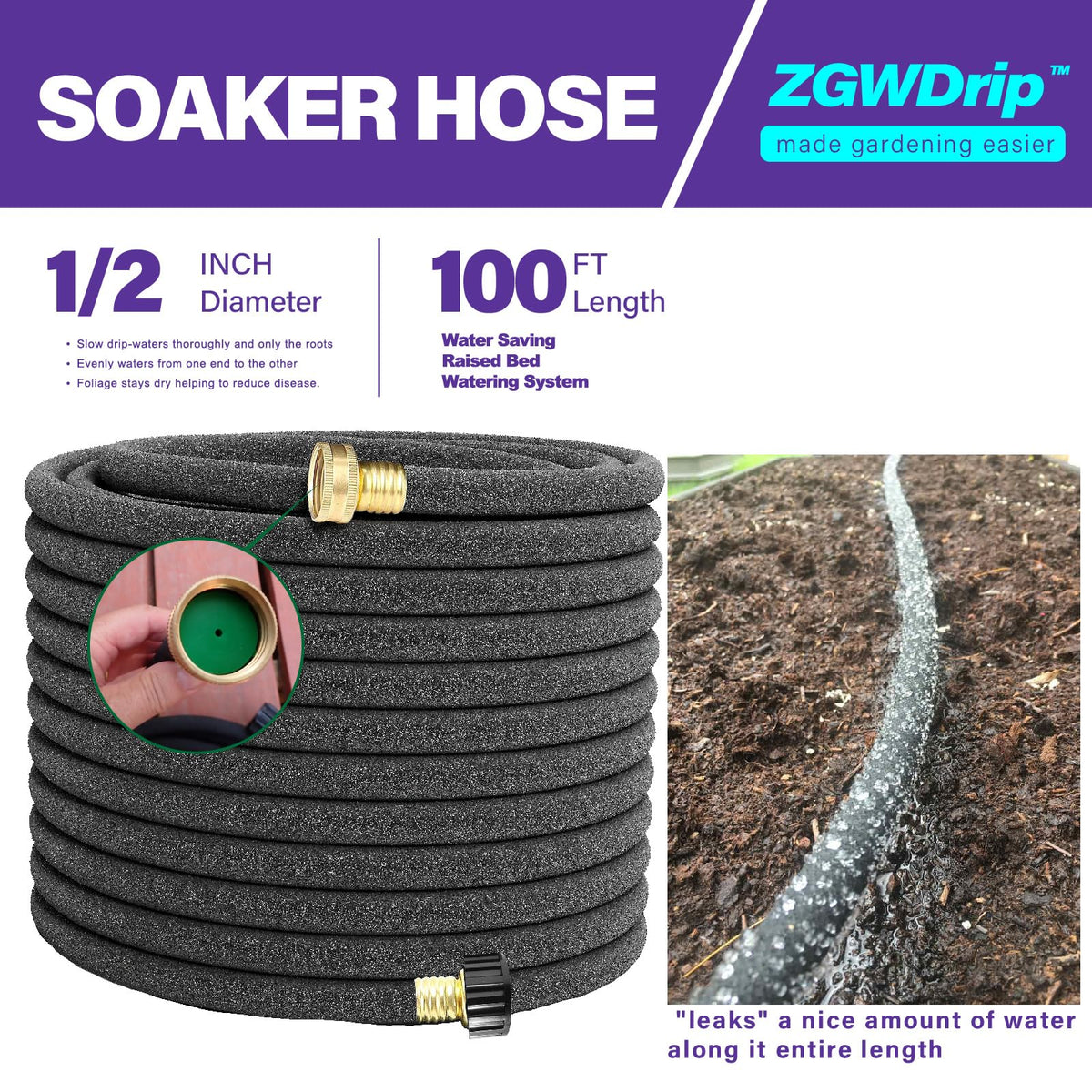 ZGWDrip 100FT 1/2" Water-Saving Soaker Hose with Solid Brass Connectors, Drip Irrigation Kit for Lawn & Landscaping with Metal Ground Stake & Accessory Kit