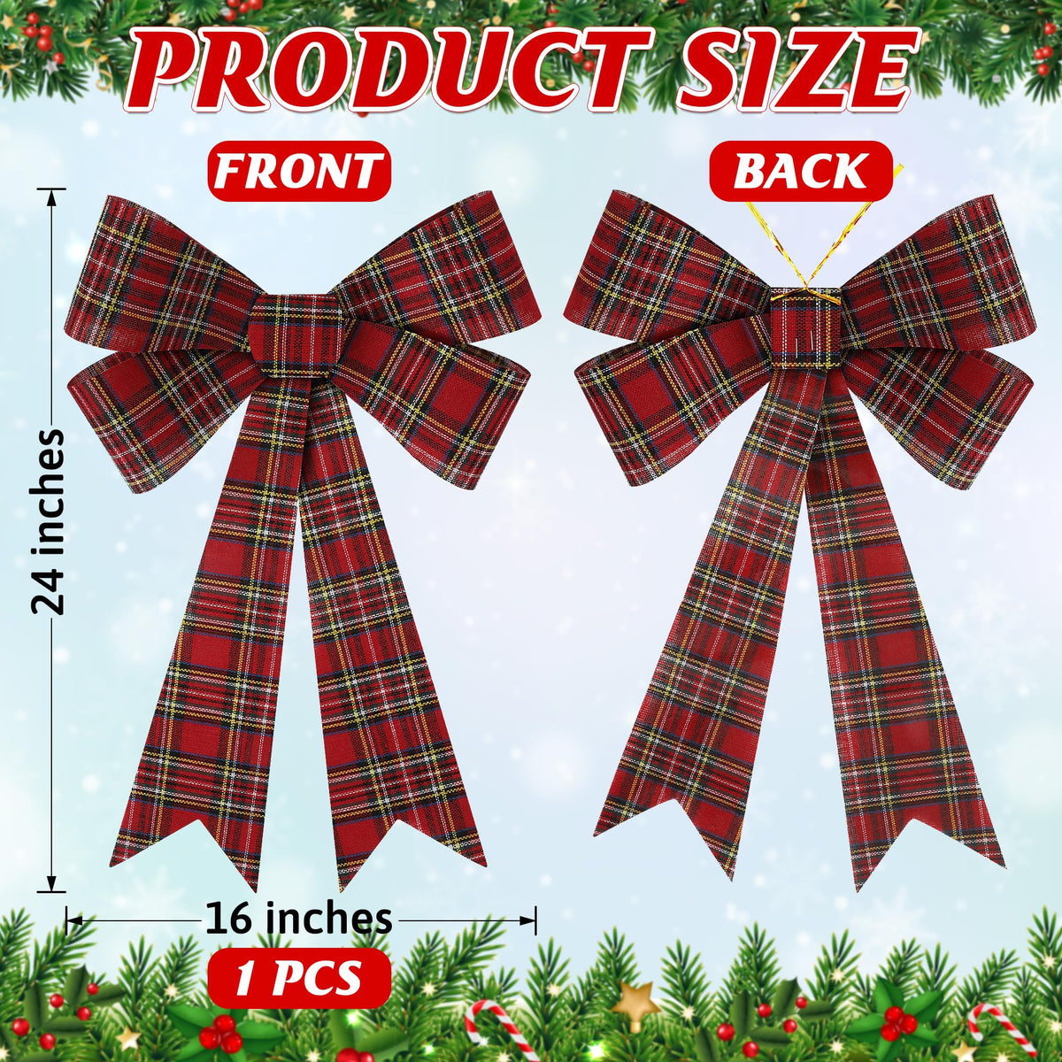 1 PCS Christmas Tree Bows, 9x12 In Large White Black Red Velvet Bows for Christmas Tree, Buffalo Plaid Plastic Big Christmas Bow for Xmas Decorations Wreath Stairs Railing Fireplace Front Door Decor