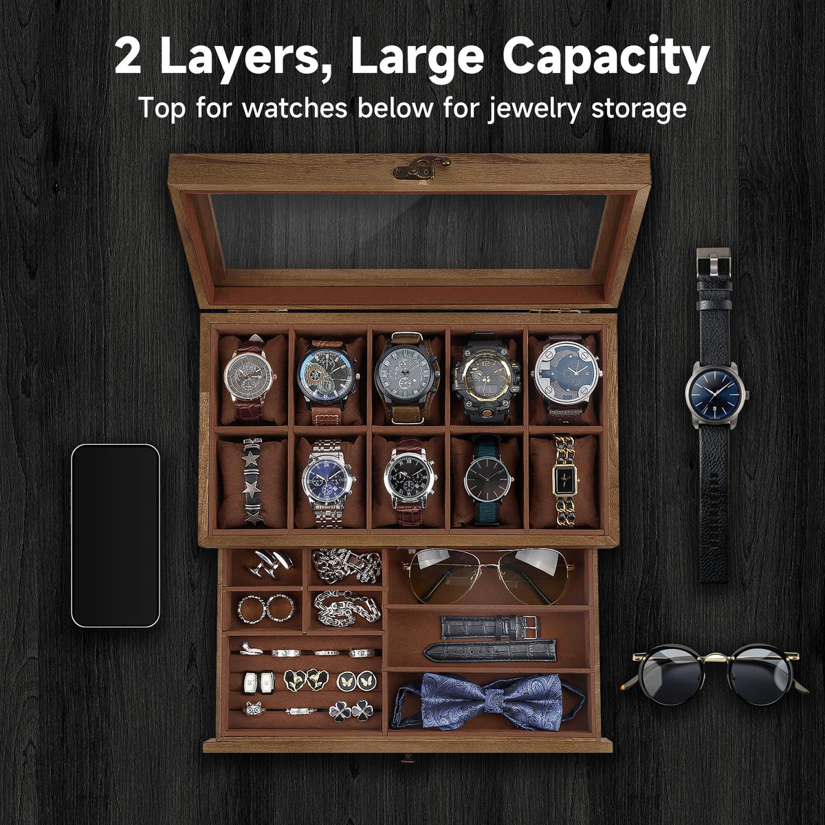 GALHUBIS Watch Box with 10 Slots, 2-Tier Watch Case for Large Dial Watches, Watch Display Case with Lid, Removable Watch Pillows, Gifts for Men Women, Watch Organizer with Drawer, Jewelry Box, Walnut