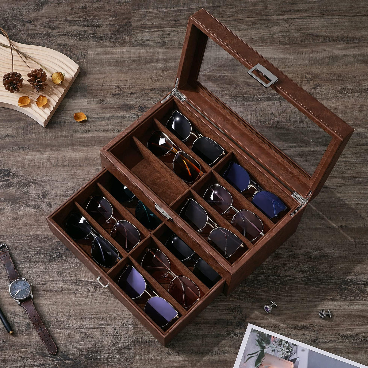 BEWISHOME Sunglasses Organizer, 12 Slots Sunglasses Case for Women Men, Eyeglasses Eyewear Display Case with Clear Glass Top, Faux Leather,Brown SSH48Z