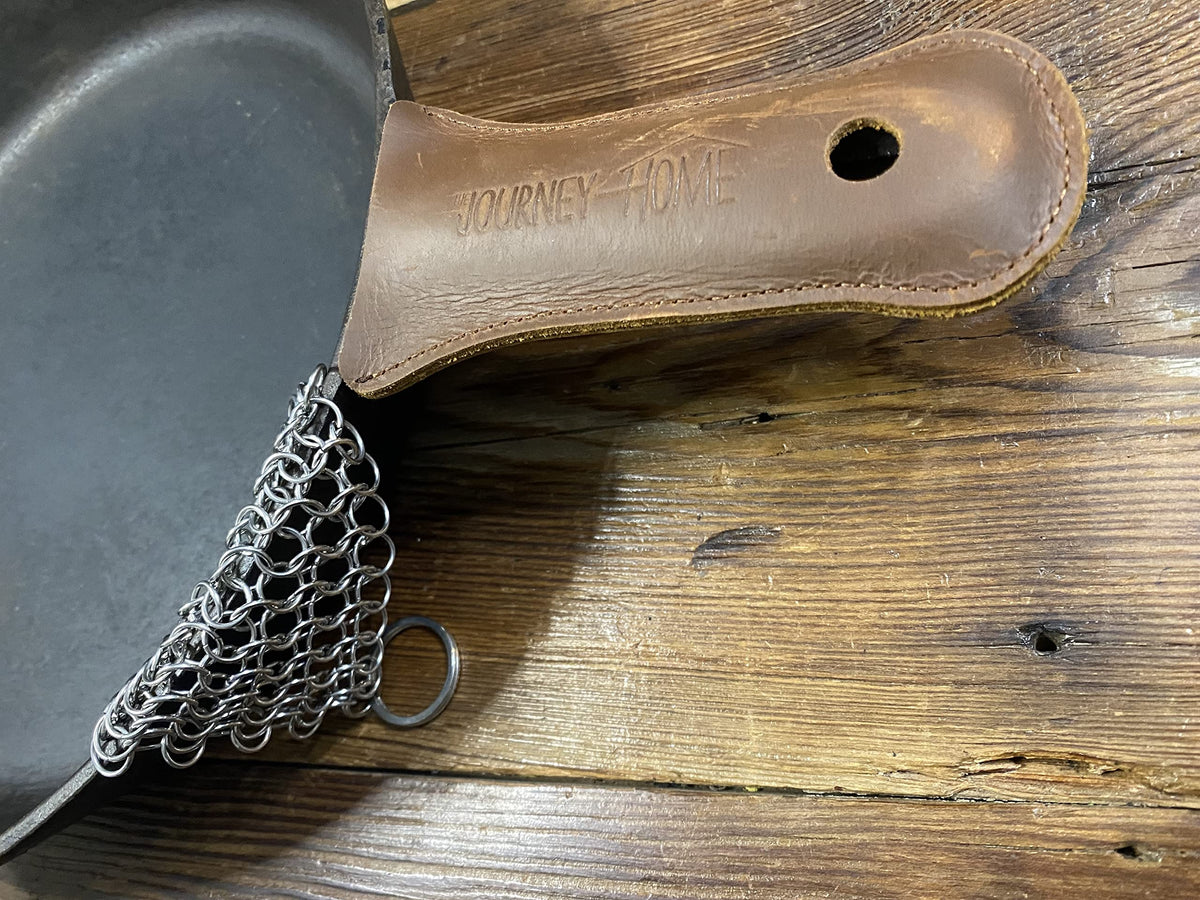 The Journey Home Cast Iron Skillet Handle Covers - Cast Iron Handle Cover w/Metal Scrubber - Heat Resistant Leather Pan Handle w/Hole - Cast Iron Accessories - Gift Sets for Men - Chainmail Scrubber
