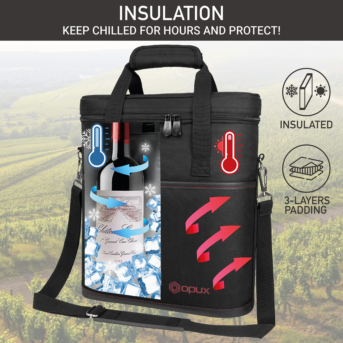 opux 3 Bottle Wine Carrier Tote, Insulated Leakproof Wine Cooler Bag, Wine Travel Bag Tote for Picnic BYOB Beach, Portable Wine Bottle Carrying Case, Gift for Wine Lover Women Men Christmas, Black