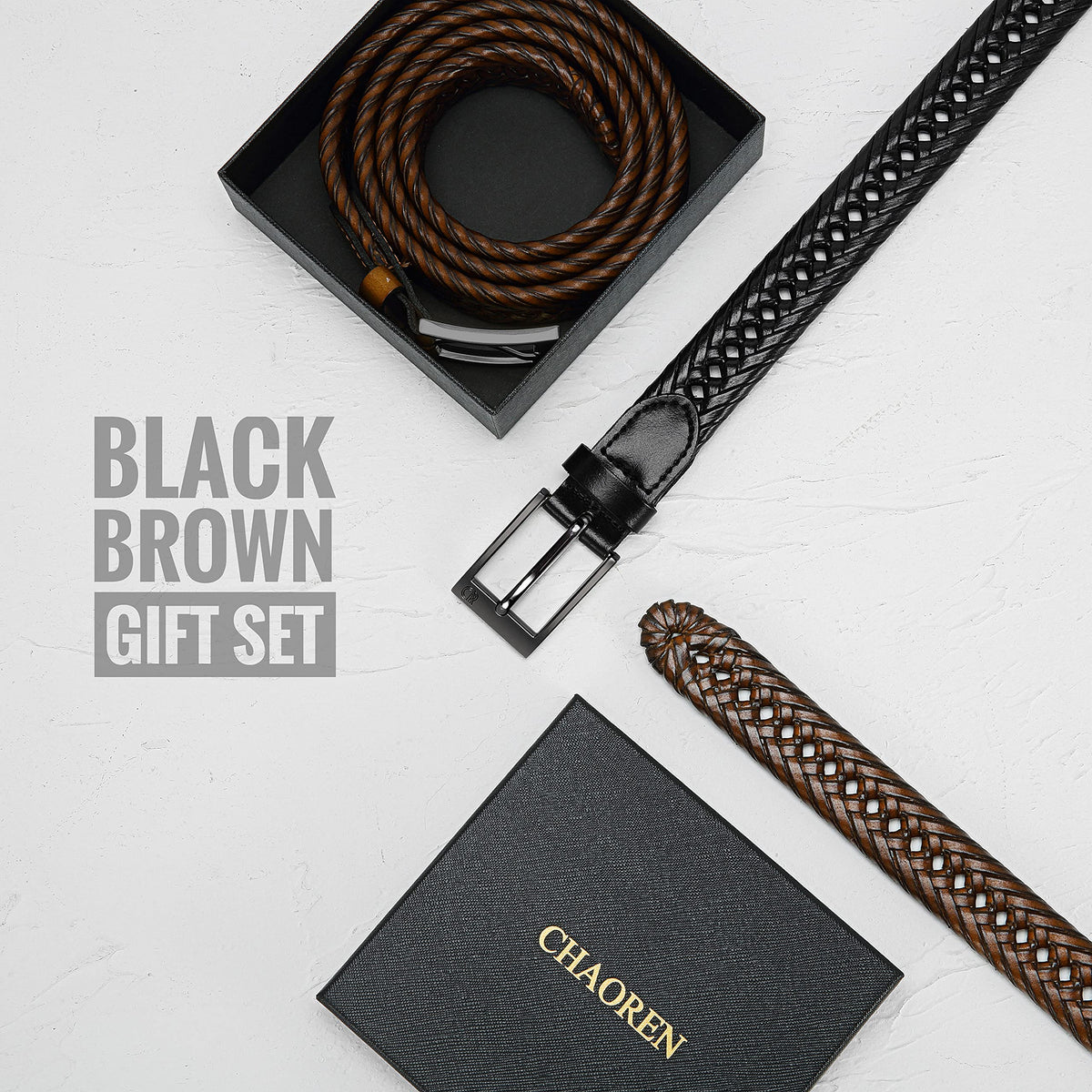 CHAOREN Leather Braided Belts for Men 2 Pack - 1 1/8" Leather Belts in Package Box - Versatile Style Solution