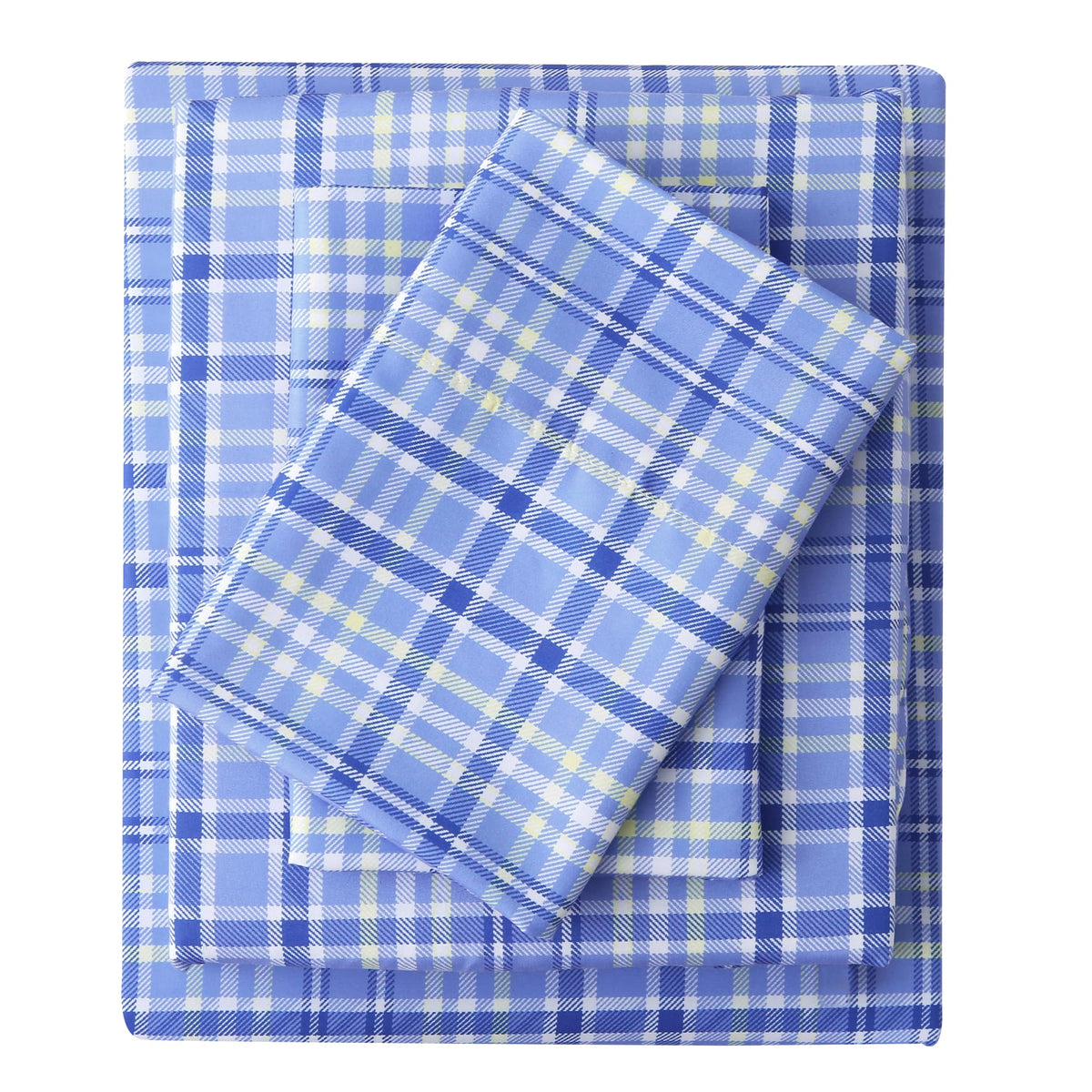 Mooreeke Cozy Plaid Microfiber Printed Full Sheet Set - Soft & Breathable Purple Yellow Plaid Bed Sheets with Extra Deep Pocket - Non-Slip Fitted Design - Purple Yellow Square Plaid Pattern - Full