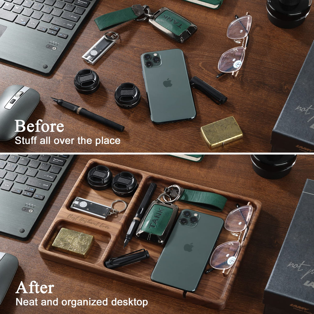 SEEDWAVE Walnut Wooden Valet Tray – Bedside Table Organizer for Men Dad, Edc Catch All Tray with Cable Slot (11.4 x 7.9 x 0.8 Inch)
