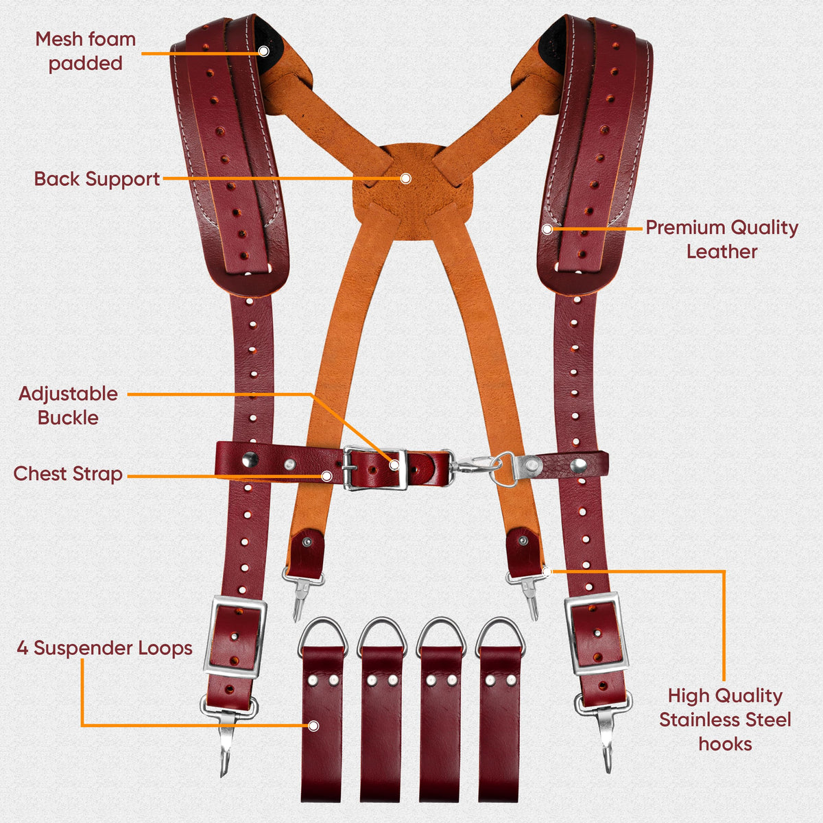 FUERI Maroon Full Grain Leather Tool Belt Suspender for Men | Heavy Duty Tools Suspenders with Foam Padding on Shoulder | Adjustable Suspender With 4 Loops for Carpenters and Electricians
