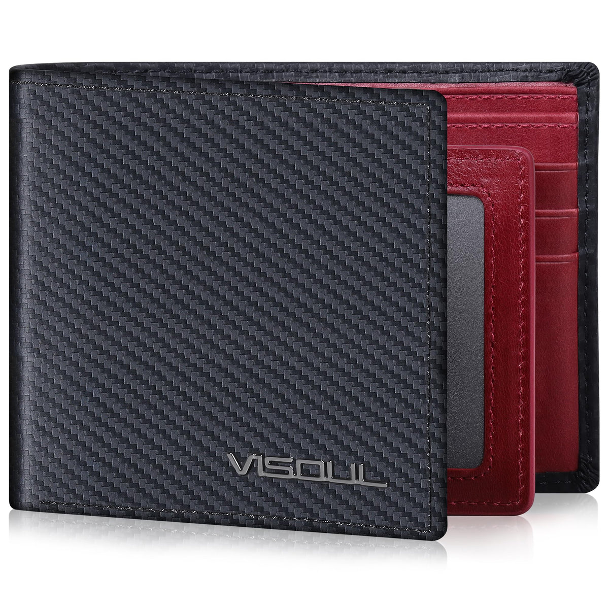 VISOUL Wallet for Men with 2 ID Windows 8 Credit Card Slots 2 Cash Compartments, Carbon Fiber Leather Bifold Mens Wallet with RFID Blocking (Black+Burgundy)