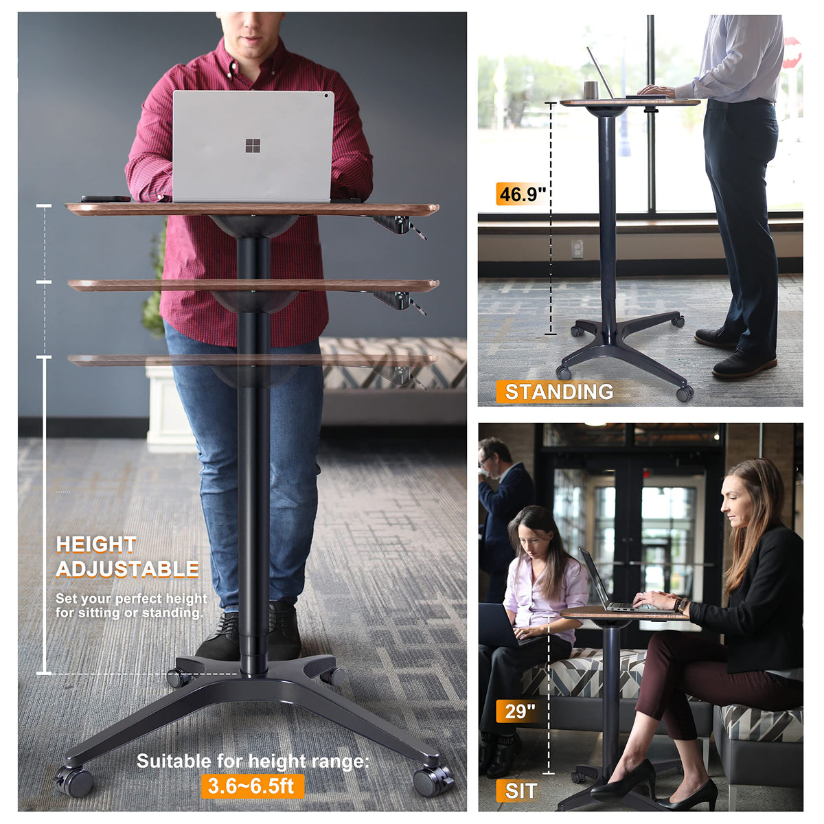 HAOOAH Pneumatic Adjustable Height Desk, Laptop Standing Desk, Rolling Sit-Stand Cart, Mobile Podium Portable Lectern for Home, Office& Classroom, 26" 19.3" Platform (29" to 46.9" H)，Brown