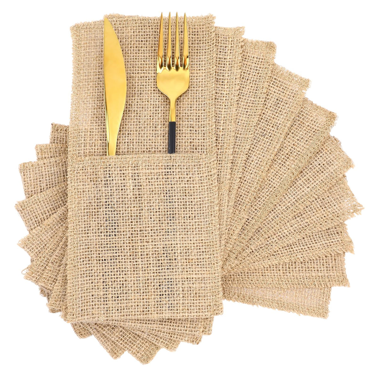 50 Pcs Natural Jute Utensils Holders, 8.8 x 4 inch Cutlery Pouch, Silverware Holder, Napkin Bag for Rustic Wedding Party Decorations