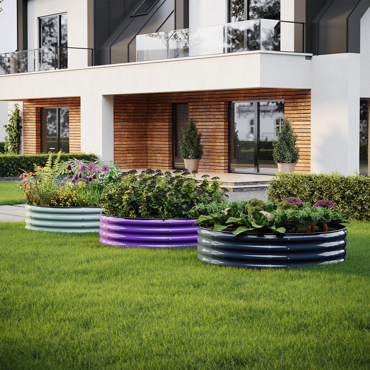ZFHgarden Galvanized Metal Planter Round Raised Garden Bed Kit for Gardening Outdoor，2x2x1ft Grow Garden Box Raised Flower Bed，Round Galvanized Planter Outdoor Metal Fire Pit Ring