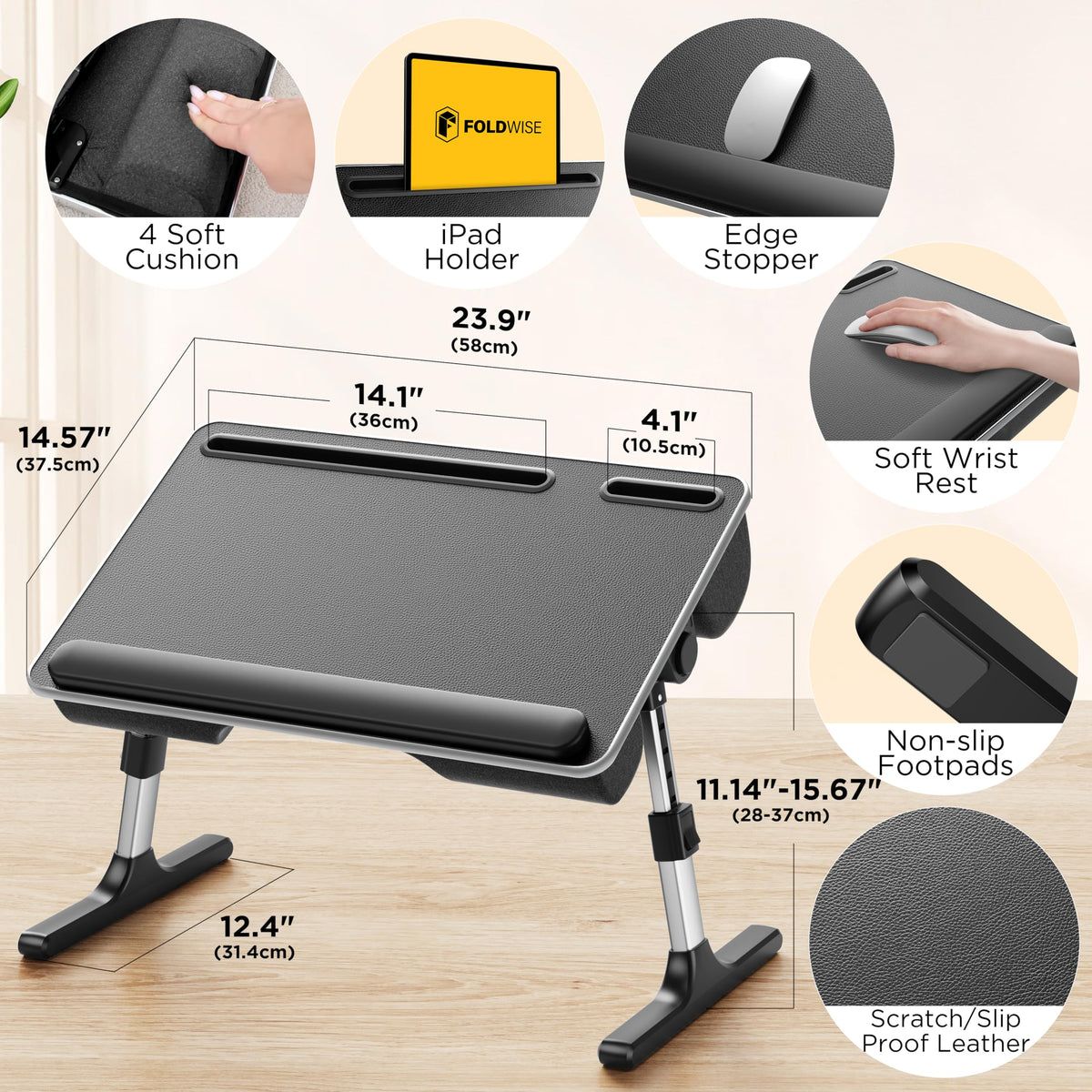 FoldWise 2-in-1 Lap & Bed Desk with Soft Cushions - Adjustable Height & Angle, Foldable Laptop Stand for Bed & Couch - Wrist Rest, iPad Holder, Stopper & Non-Slip Leather - Bed Table for Adults & Kids