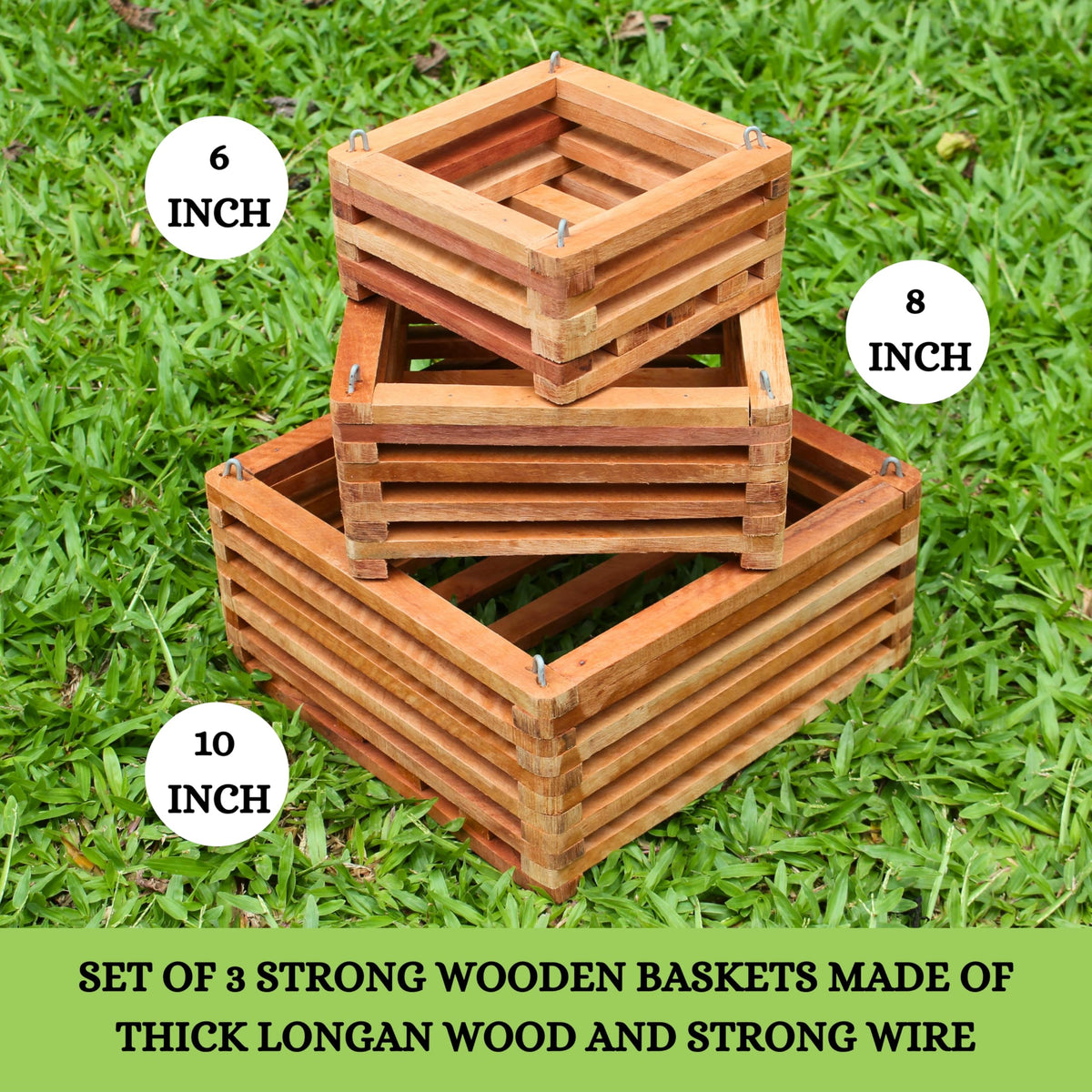 DESQUIGGLE Set of 3 Strong Wooden Orchid Baskets with Hangers, Vanda Baskets for Outside