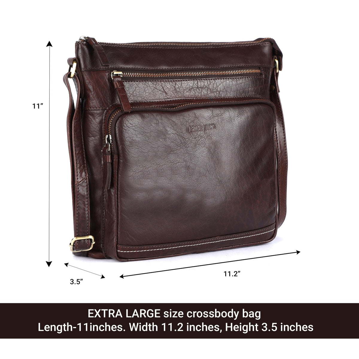 LEDERBUCK Olga Women's Extra-Large Genuine Leather Crossbody Purse – Soft Triple-Zip Shoulder Bag (Brown)