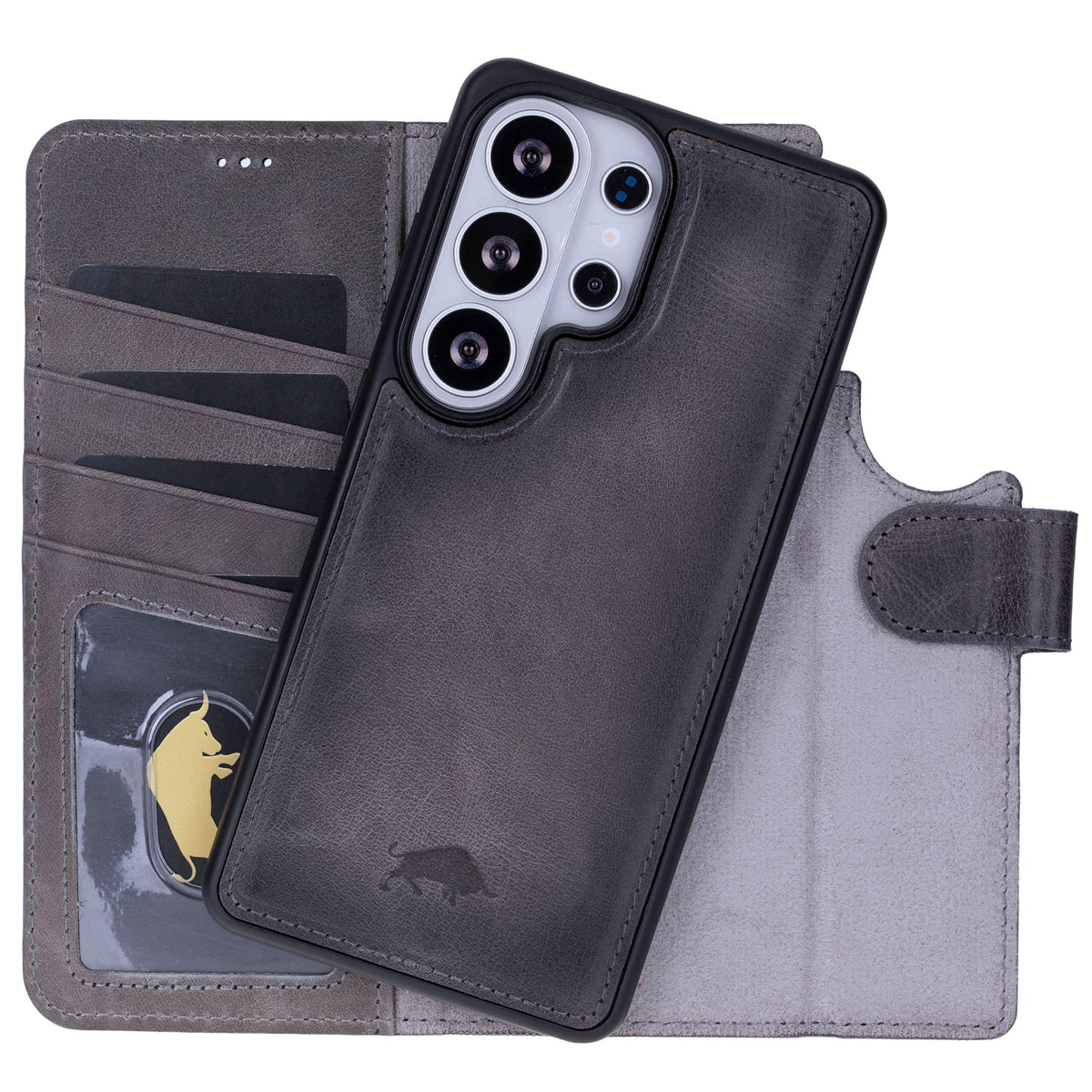 VENOULT Wallet Case for Samsung Galaxy S24 Ultra with 4 Card Slots, Full Grain Genuine Turkish Leather, Business Style, Magnetic Detachable Folio, Wireles Charge, RFID, Handmade (Sandy Gray)