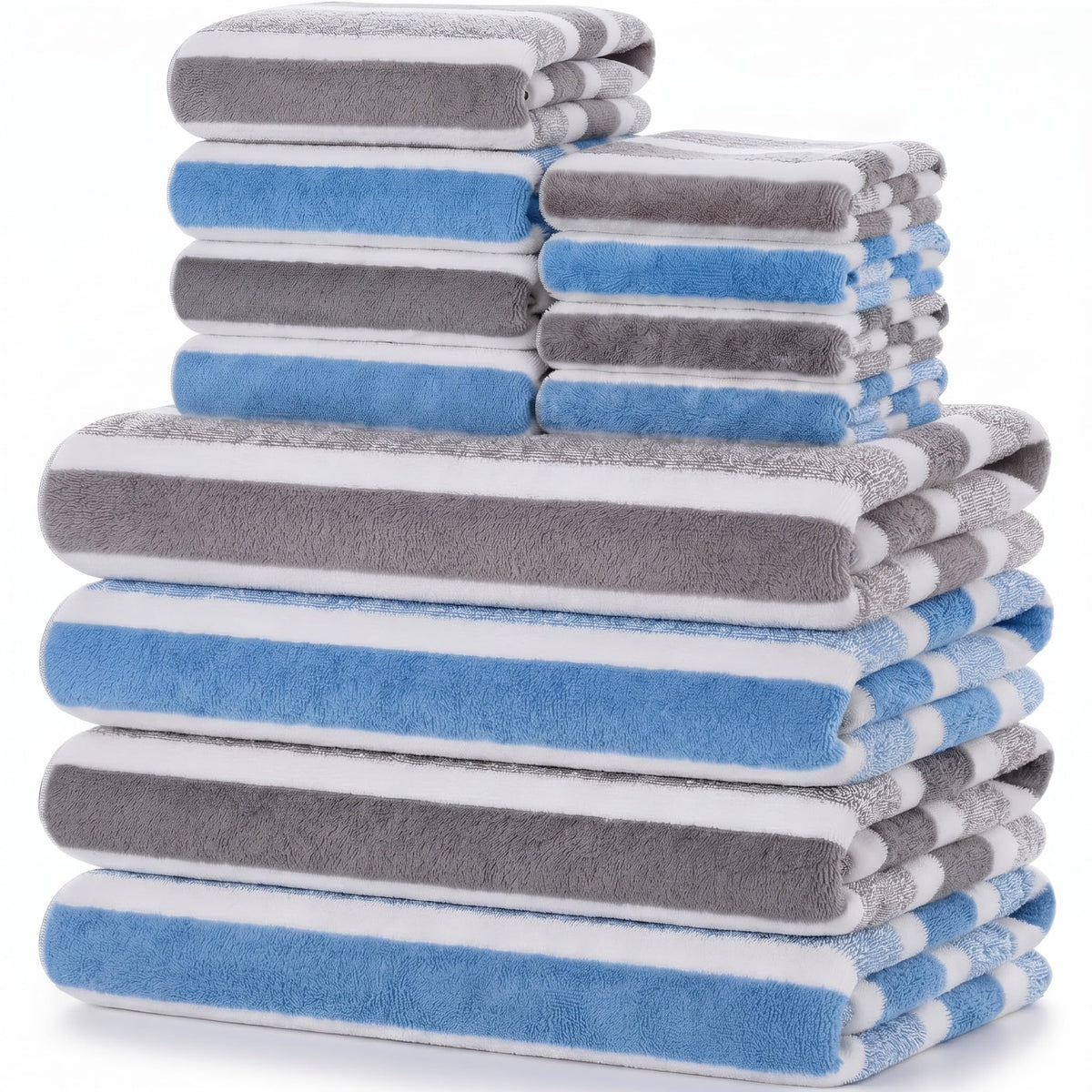 Newwiee 12 Pcs Stripe Bath Towel Microfiber Bathroom Sheet Set Included 4 Highly Absorbent Soft Quick Dry Shower Bath Towels 4 Hand Towel 4 Washcloths for Hotel Gym Spa (Gray,Blue)