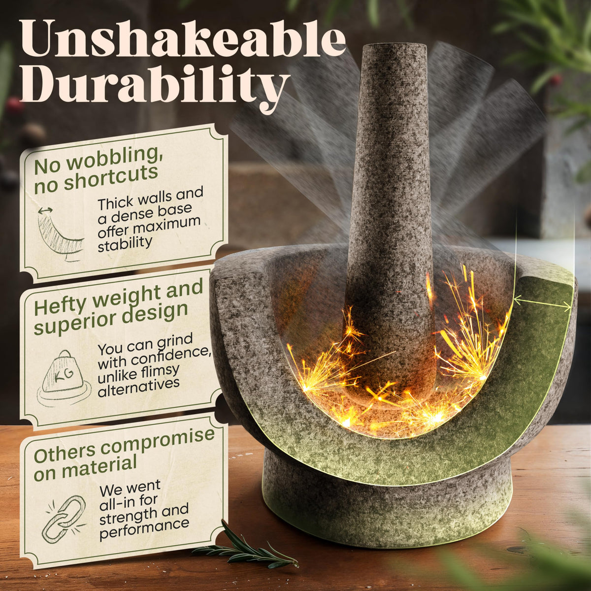 ChefSofi Mortar and Pestle Set - 6 Inch - 2 Cup Capacity - Unpolished Heavy Granite for Enhanced Performance and Organic Appearance - Included: Anti-Scratch Protector