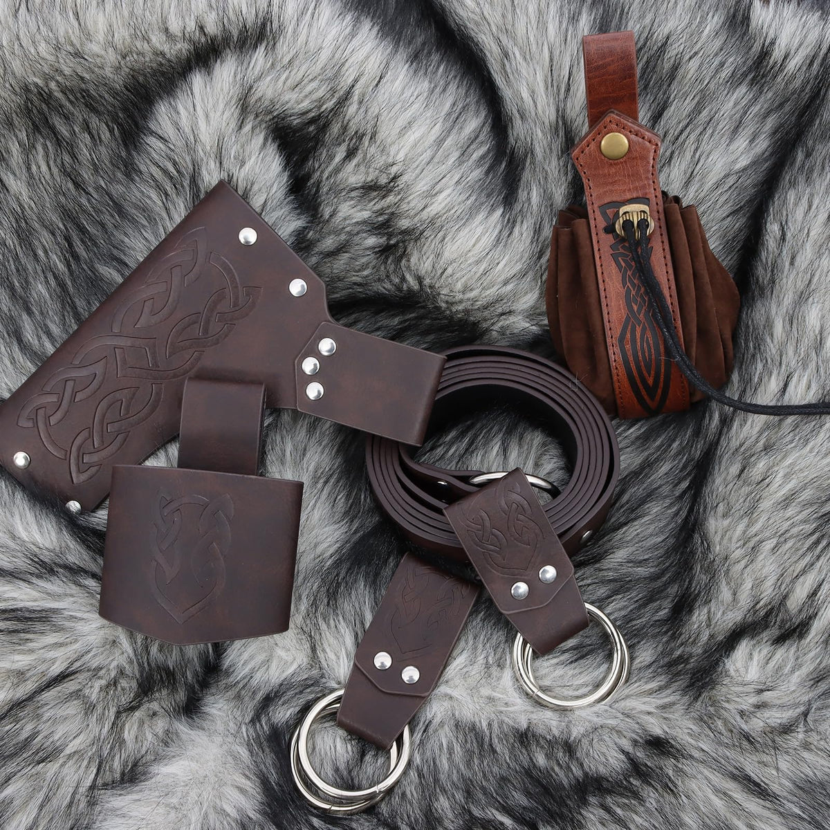bcehyaa Medieval Renaissance Sword Belt Set - Pirate Costume Accessories with Skirt Hike Sword Frog Dagger Holster (Brown-A)