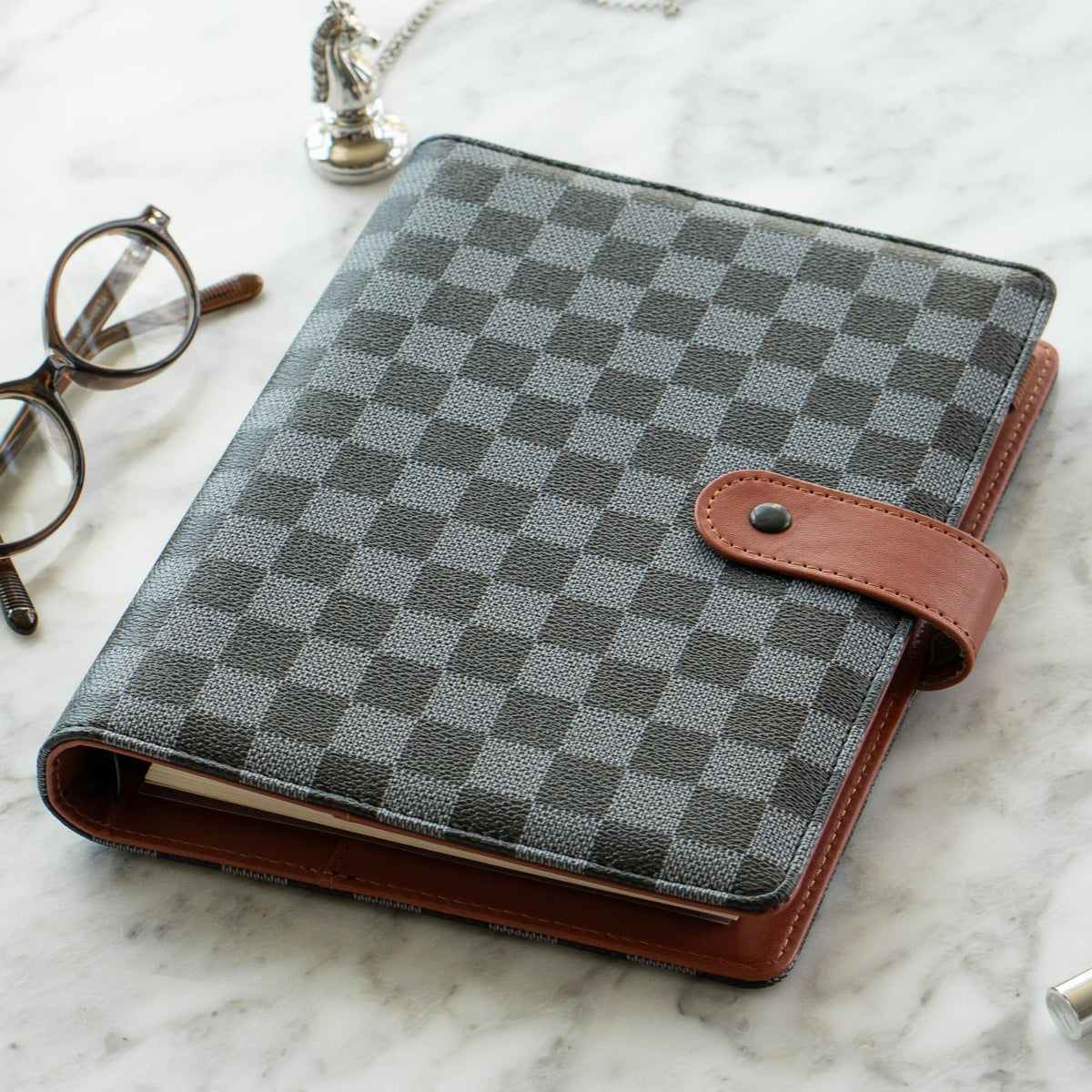 DAILY RITMO® A5 Black Checkered Planner with Brown Red | PU Leather Six Ring Cover