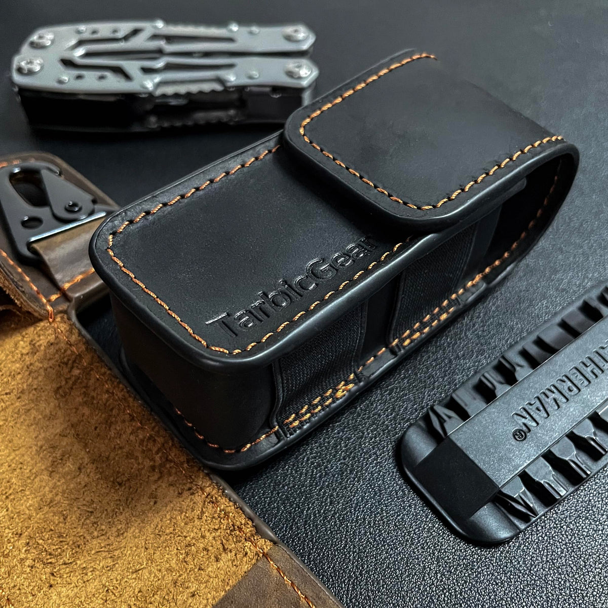 TarbicGear Leather Multitool Sheath for Belt, Multitool Holster with Belt Clip for Men, Pocket Organizer for Work, Fits for Leatherman, SOG, Gerber Tools, Dark Brown, Large