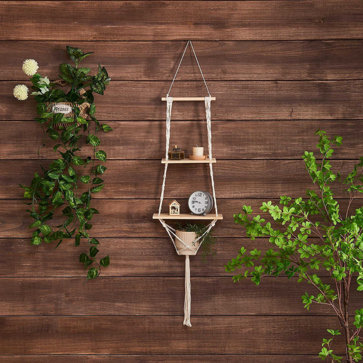 YYHTYZ 2 Tier Wooden Hanging Shelf, Boho Hand-Woven Cotton Wall Hanging Rack, Solid Wood Board, Featuring a Storage Net at the Bottom, Designed for Wall Mounting, Hanging Storage Shelves