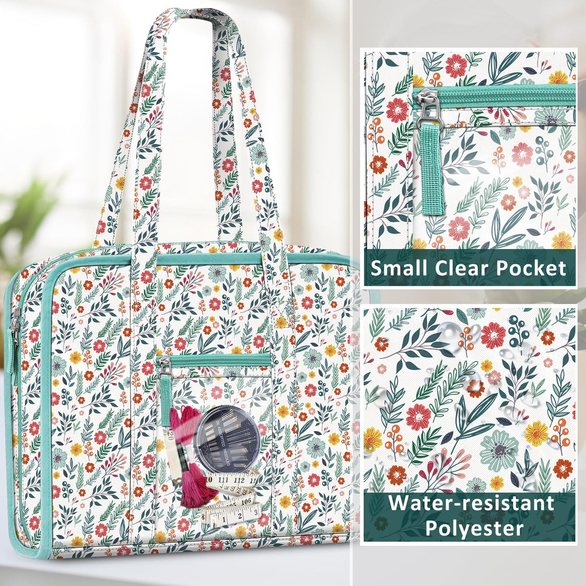 FINPAC Sewing and Craft Supplies Storage Tote, Large Capacity Travel Packing Organizer Bag with Clear Pockets and Handle for Knitting, Crochet, Art, Sewing Accessories (Spring Bloom)