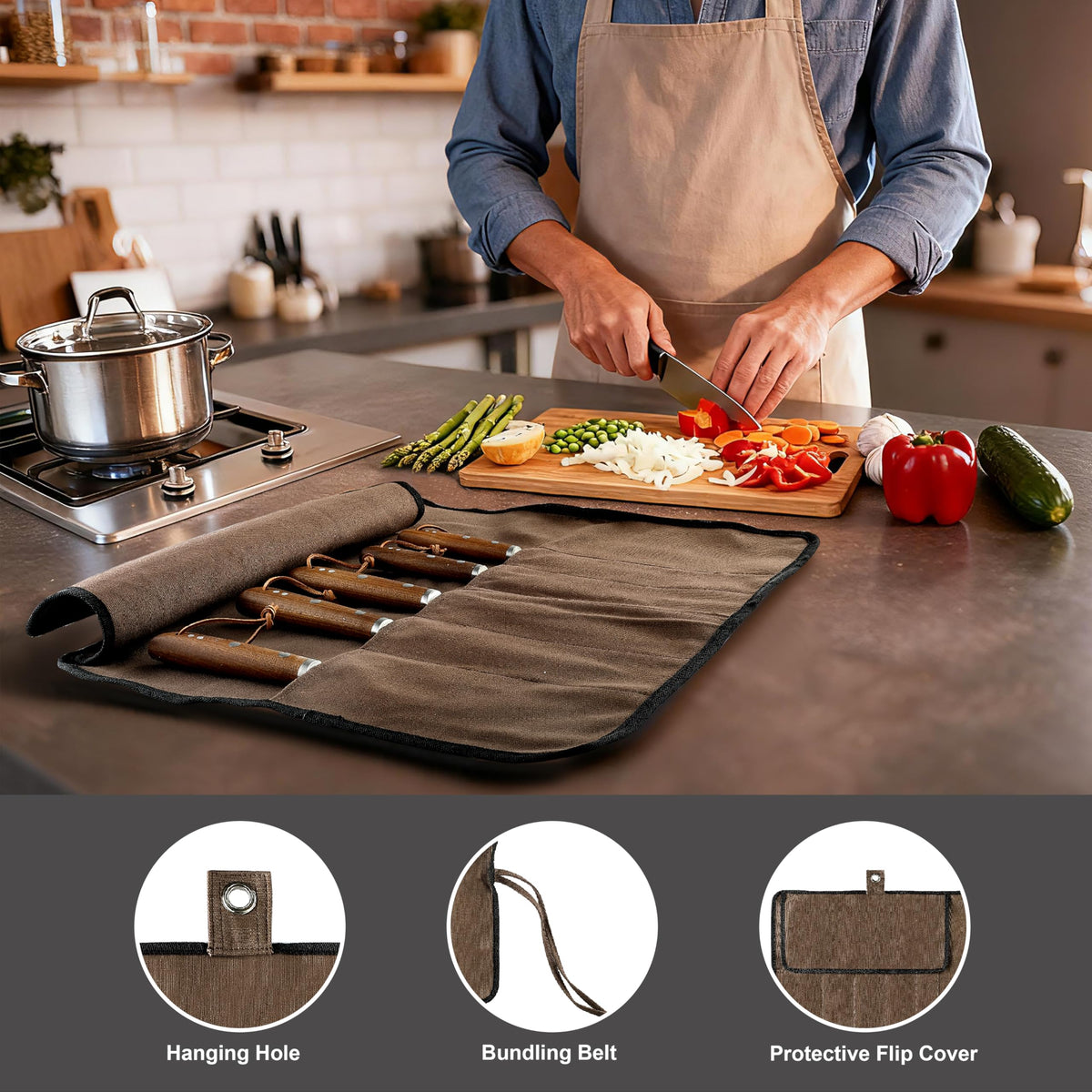 VRUIFA Chef’s Knife Roll Bag, Portable Canvas Cases, Chef Bag With 5 Slots Pockets Can Hold Kitchen Knife Tools Up To 15 Inch