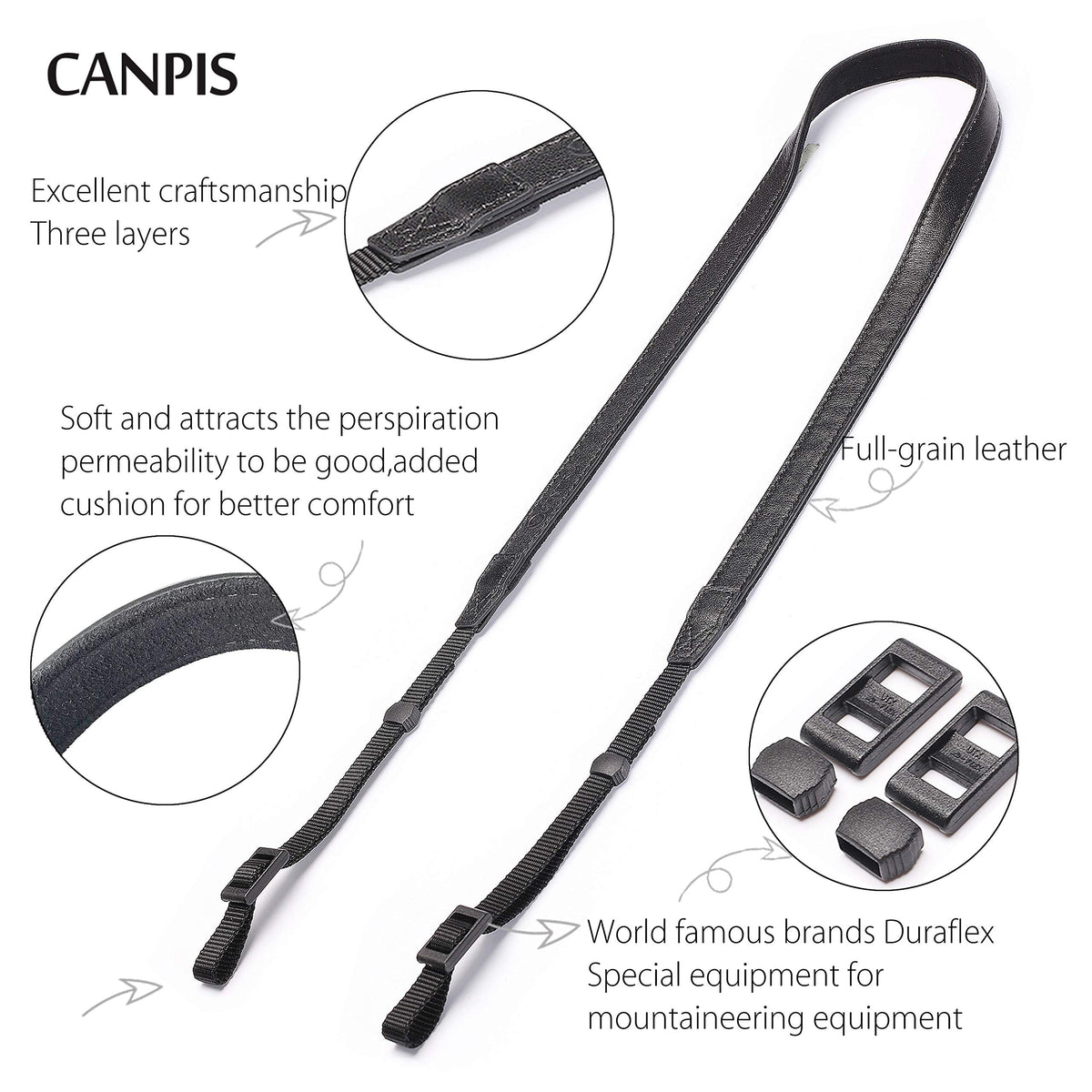 CANPIS CP008 Leather Camera Shoulder Neck Strap compatible with Canon Nikon Leica Fuji Sony Olympus etc. Black Color, Adjustable Length, Slim with Flocking Comfortable Pad