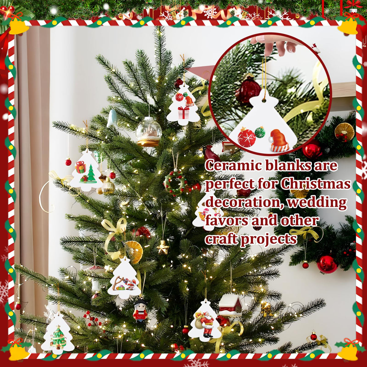 WANDIC Sublimation Ceramic Ornaments Blank, 12Pcs Christmas Tree Shaped Personalized Decoration Bulk White Ceramic Tile with Gold String for Crafting