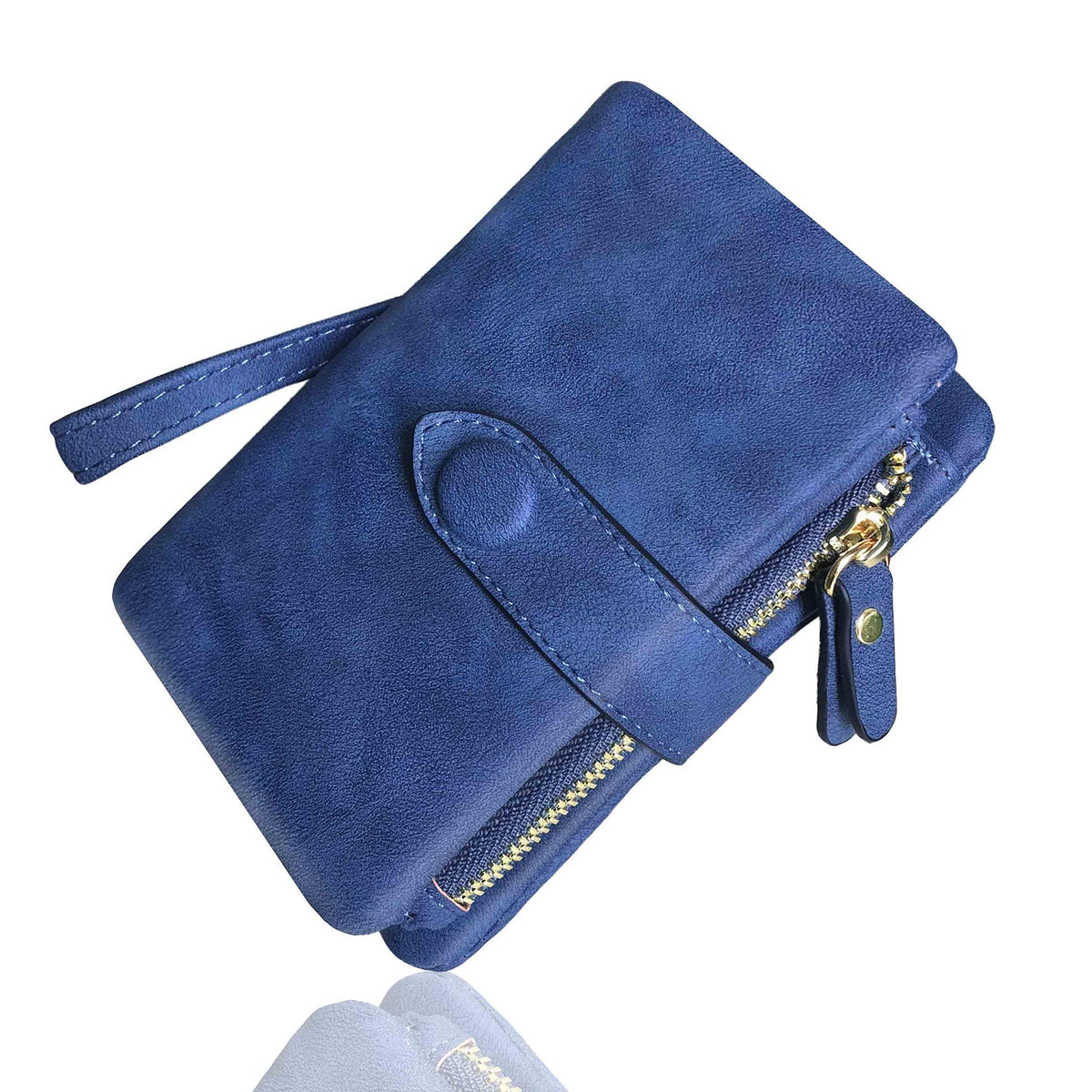 AOXONEL Women's Small Bifold Leather wallet Rfid blocking Ladies Wristlet with Card holder id window Coin Purse (Blue)