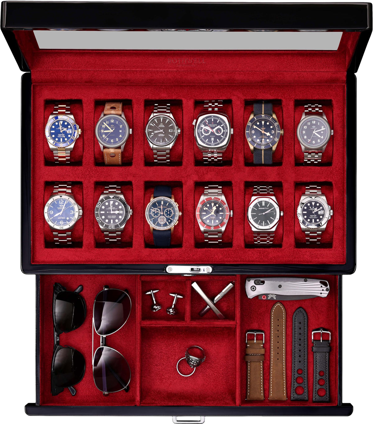 ROTHWELL 12-Slot Piano Black Watch Box with Valet Drawer - Premium Jewelry Display Case Organizer with Locking Glass Top and Microsuede Liner for Men & Women (Red Interior)