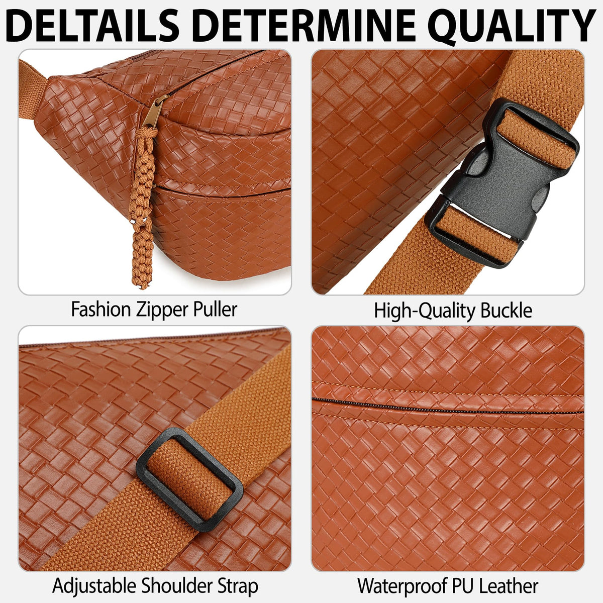 Sling Bag for Women Men,Woven Leather Fashionable Fanny Pack Crossbody Bags with Adjustable Shoulder Strap Chest Packs for Travel Cycling Work Sport Hiking Gym,Large-Brown