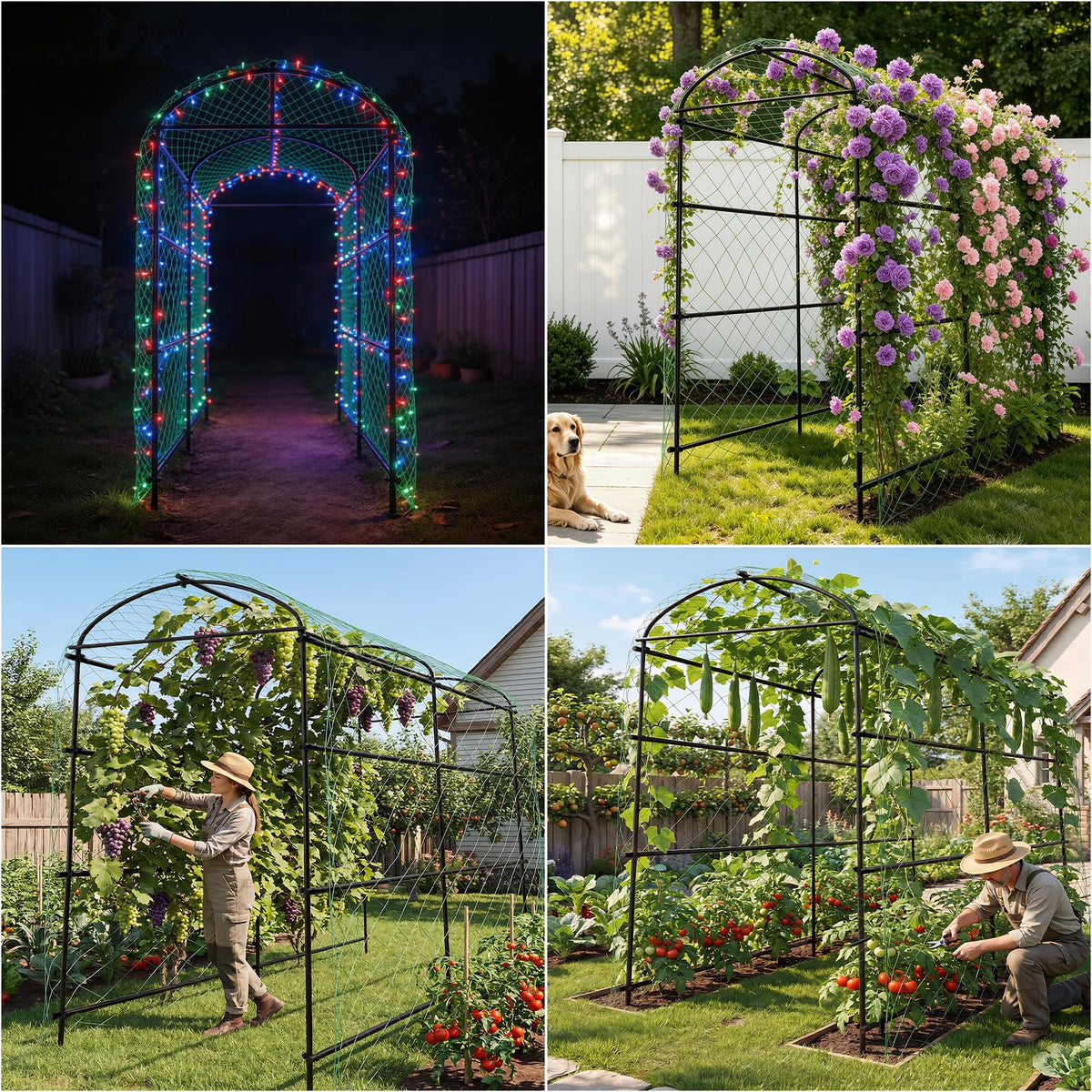unho 87inch Metal Garden Trellis Arch for Climbing Plants - Polyethylene-Coated Anti-Rust, Heavy Duty, Wide Walk-Through Outdoor Arch with Net, for Cucumber Tomato Squash Zucchini Peas Grape Flowers