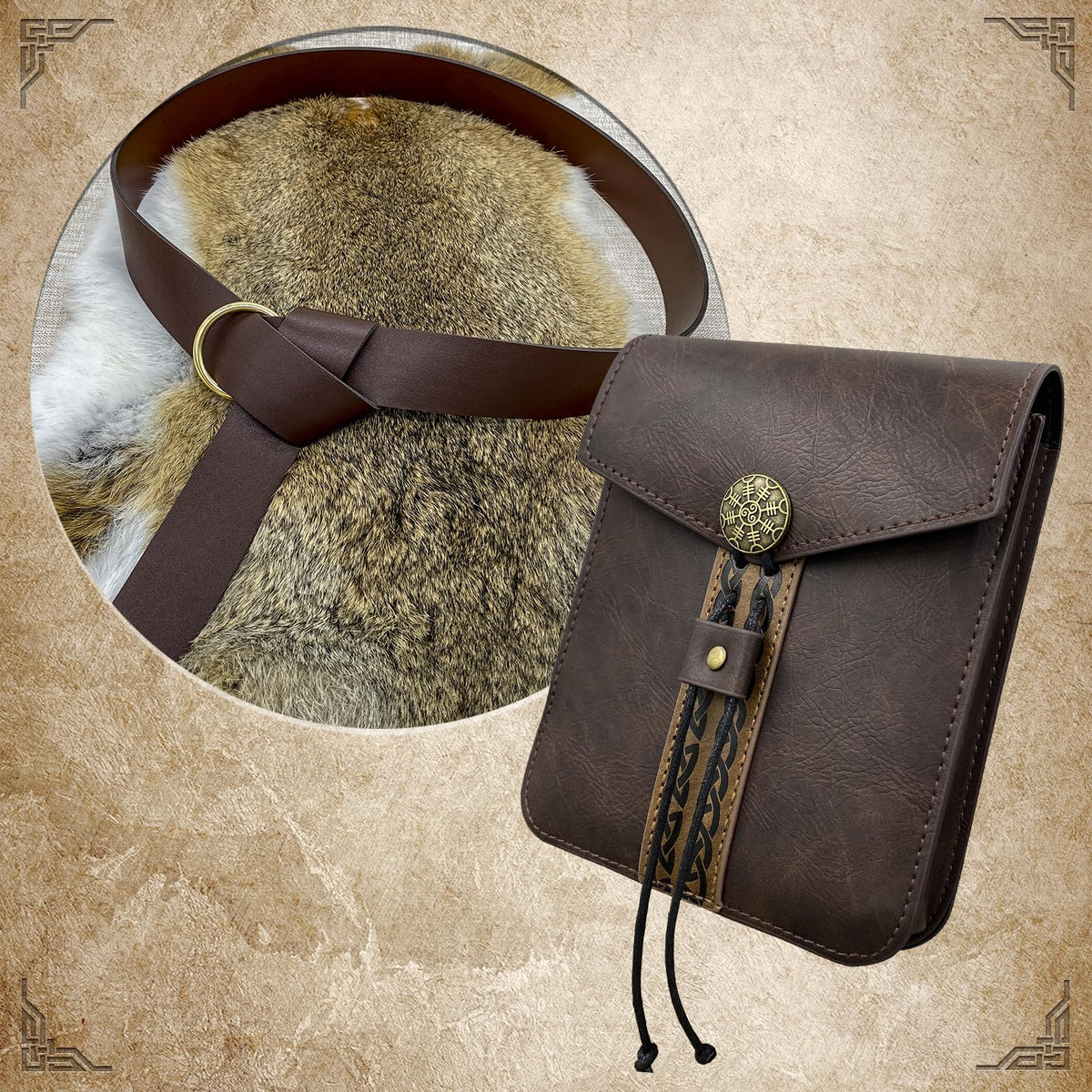 EpicCos 2 PCs Medieval Vintage belt Bag Set, Middle Ages Faux Leather Belt with Belt Pouch, Renaissance Costume Accessories (Brown A)