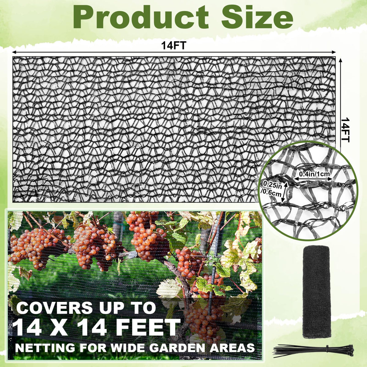Wesnoy Bird Netting for Garden 14 x 14 ft Garden Netting with 1/4 Inch Mesh Heavy Duty Gardening Protection Mesh for Fruits, Vegetables, Trees, Flowers, Deer, Shields Plants from Birds